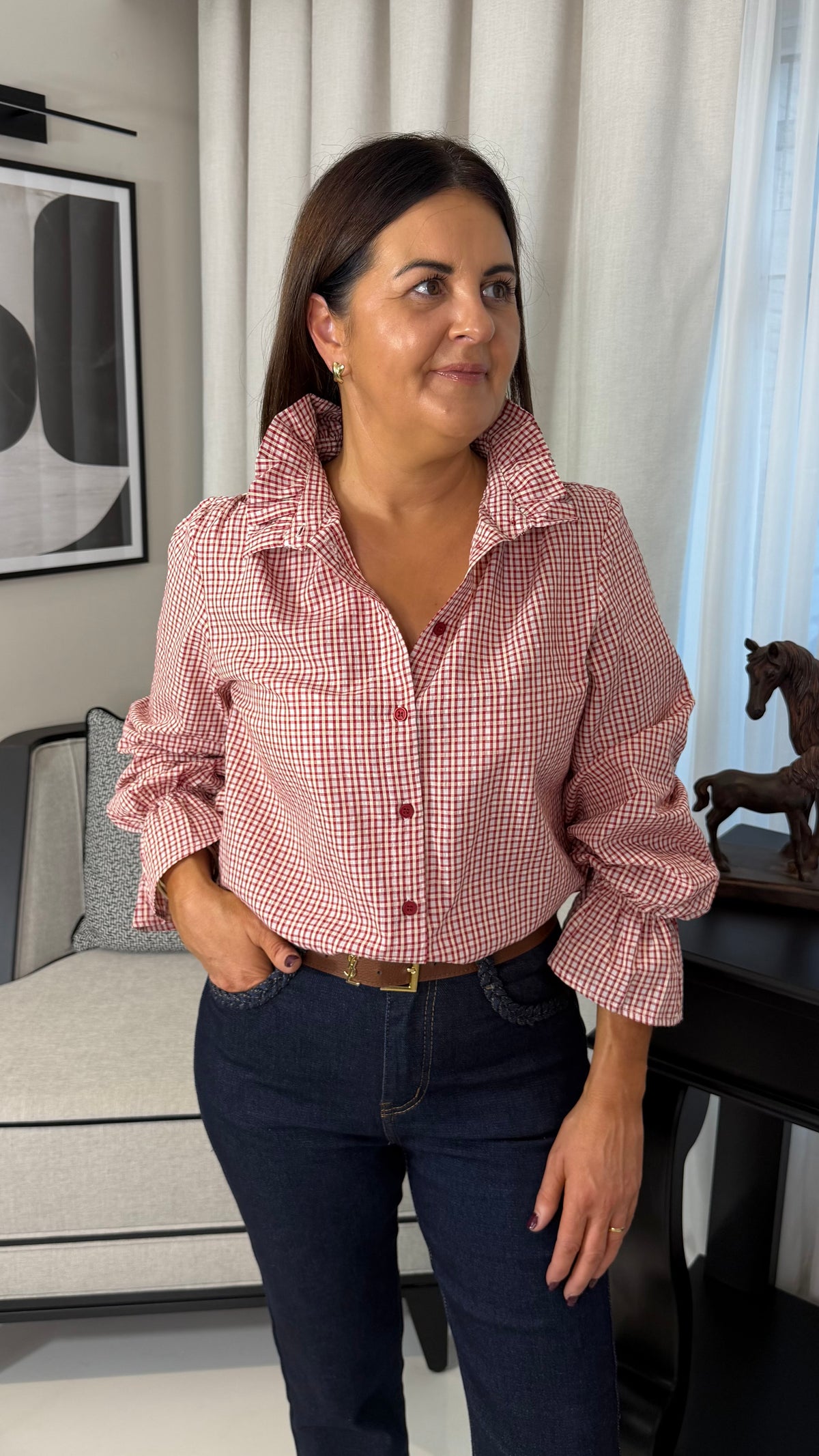 Red Check Shirt with Frill Collar