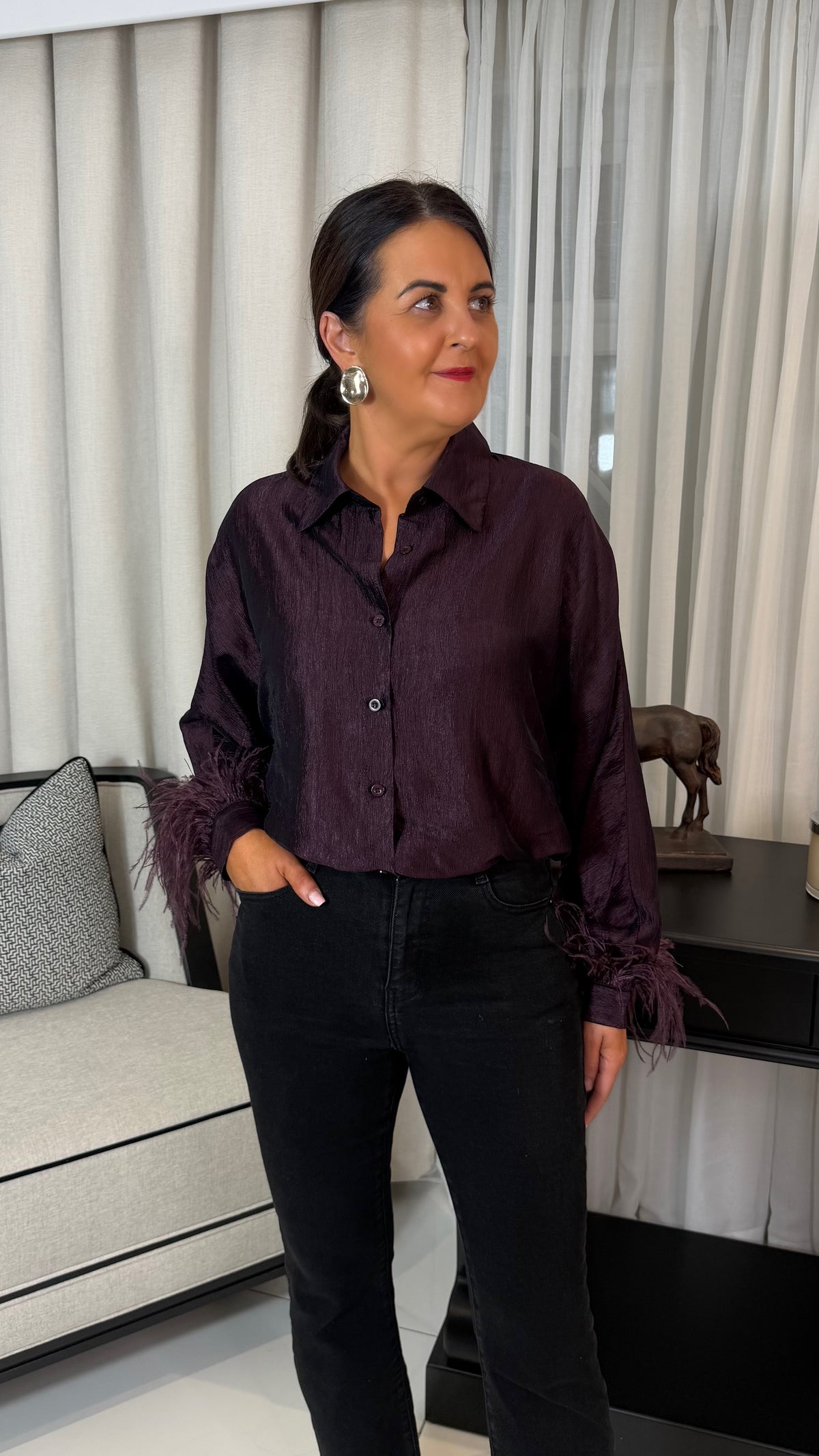 Aubergine Textured Satin Feather Trim Shirt