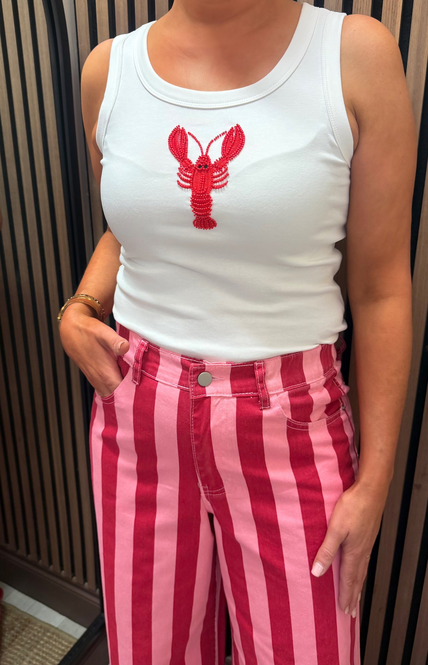 White Embroidered Lobster Tank Top