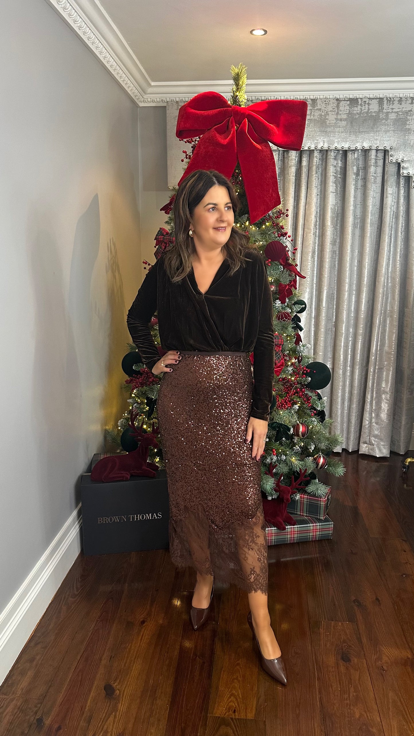 Brown Sequin Skirt with Lace Detail