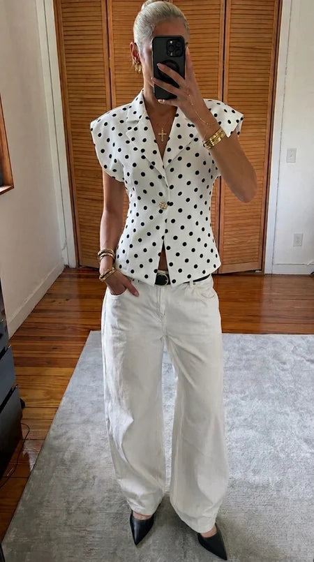 White & Black Polka Dot Top