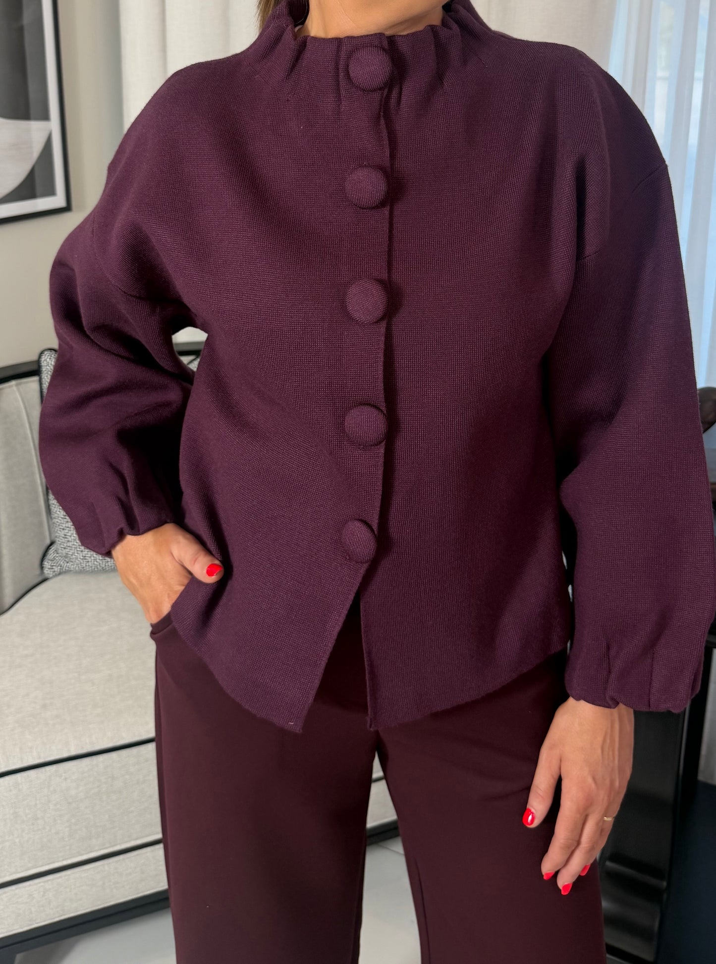 Burgundy Balloon Sleeve Cardigan