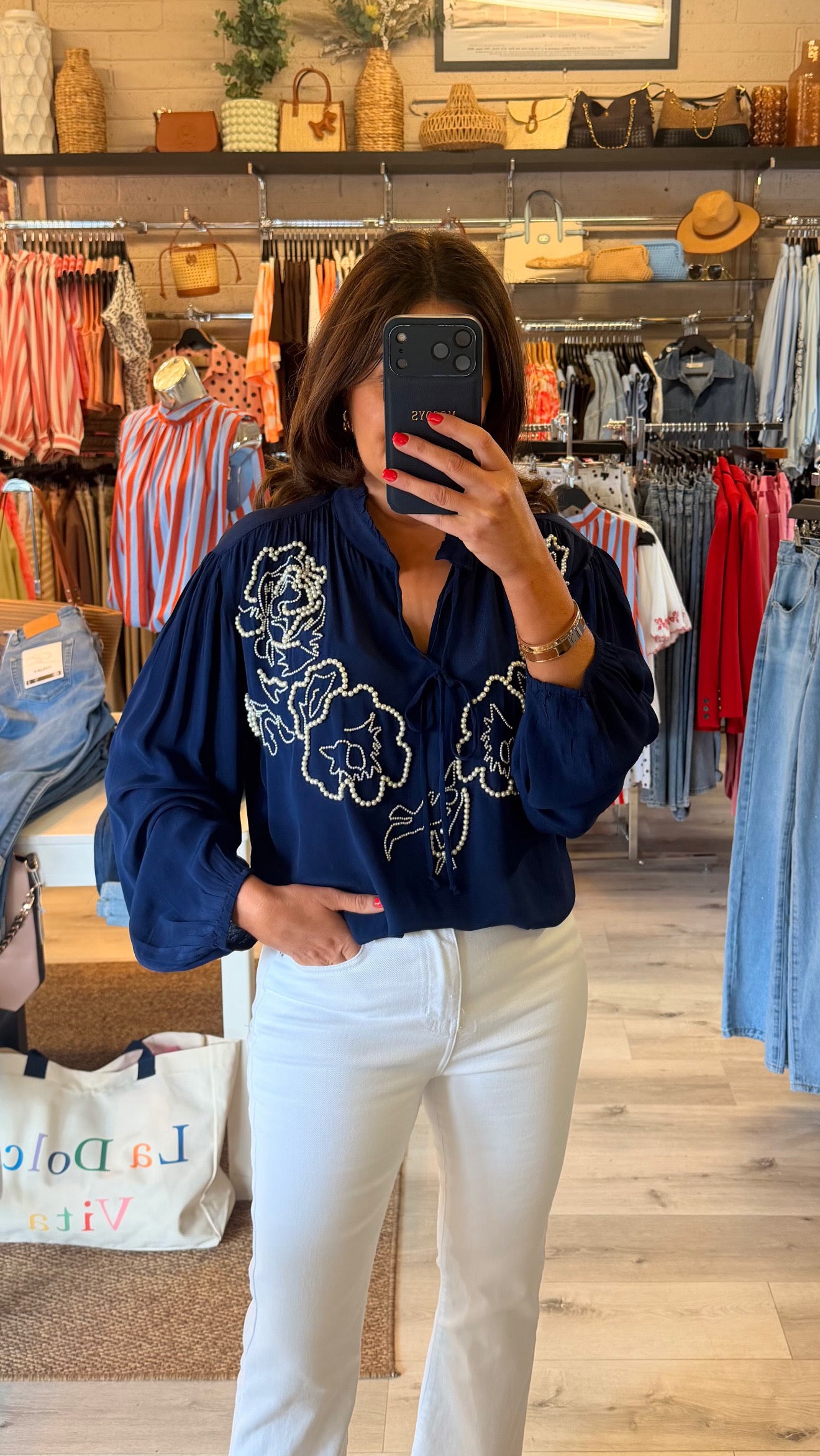 Navy & Pearl Detail Blouse