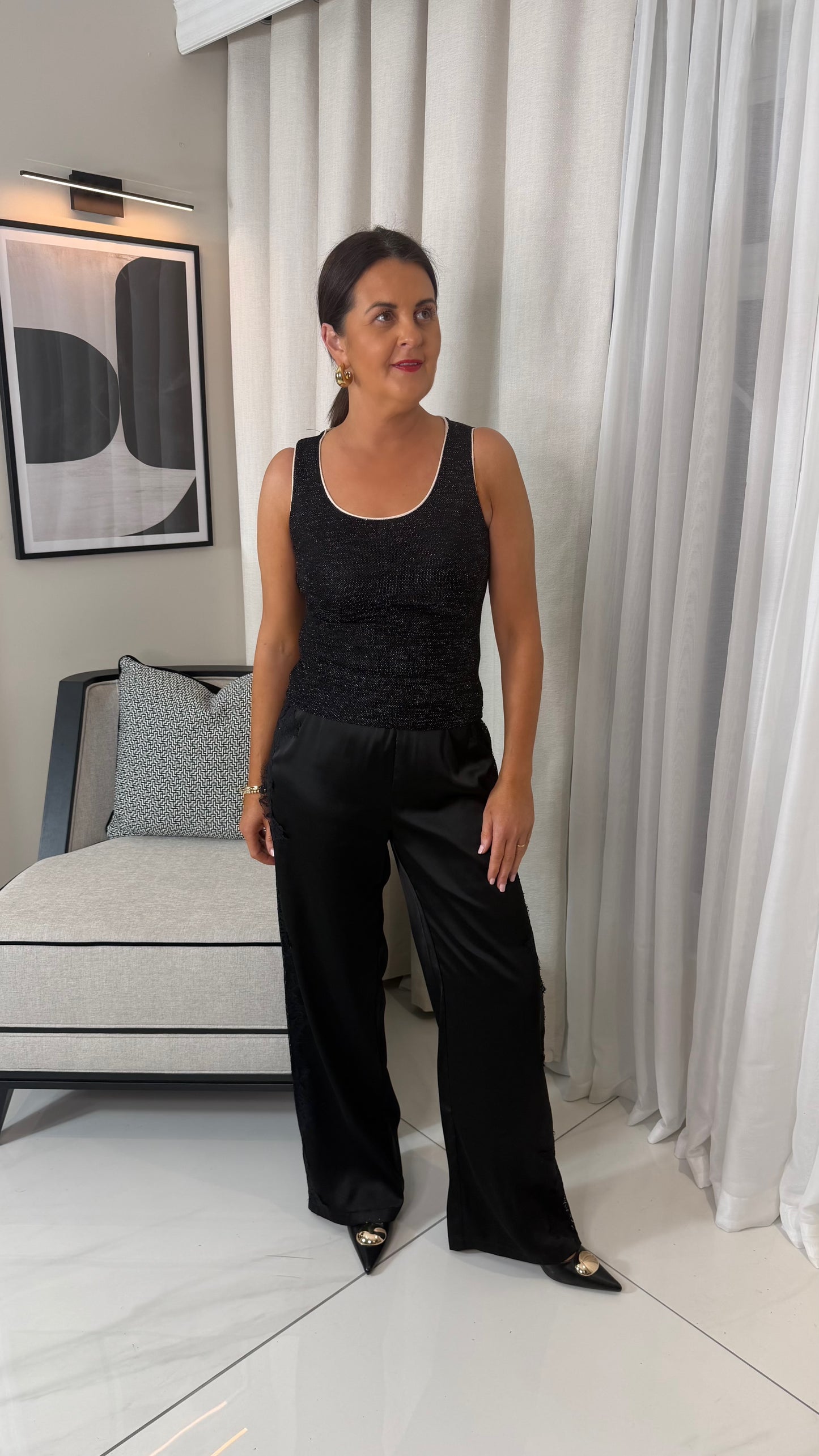 Black Satin Trousers with Lace Panel