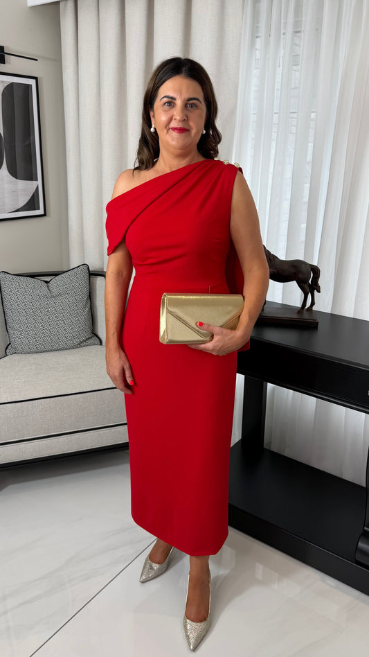 Eleni Drape Midi Dress-Red