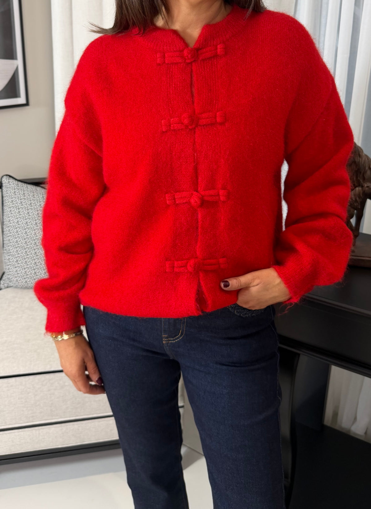 Red Mandarin Button Cardigan