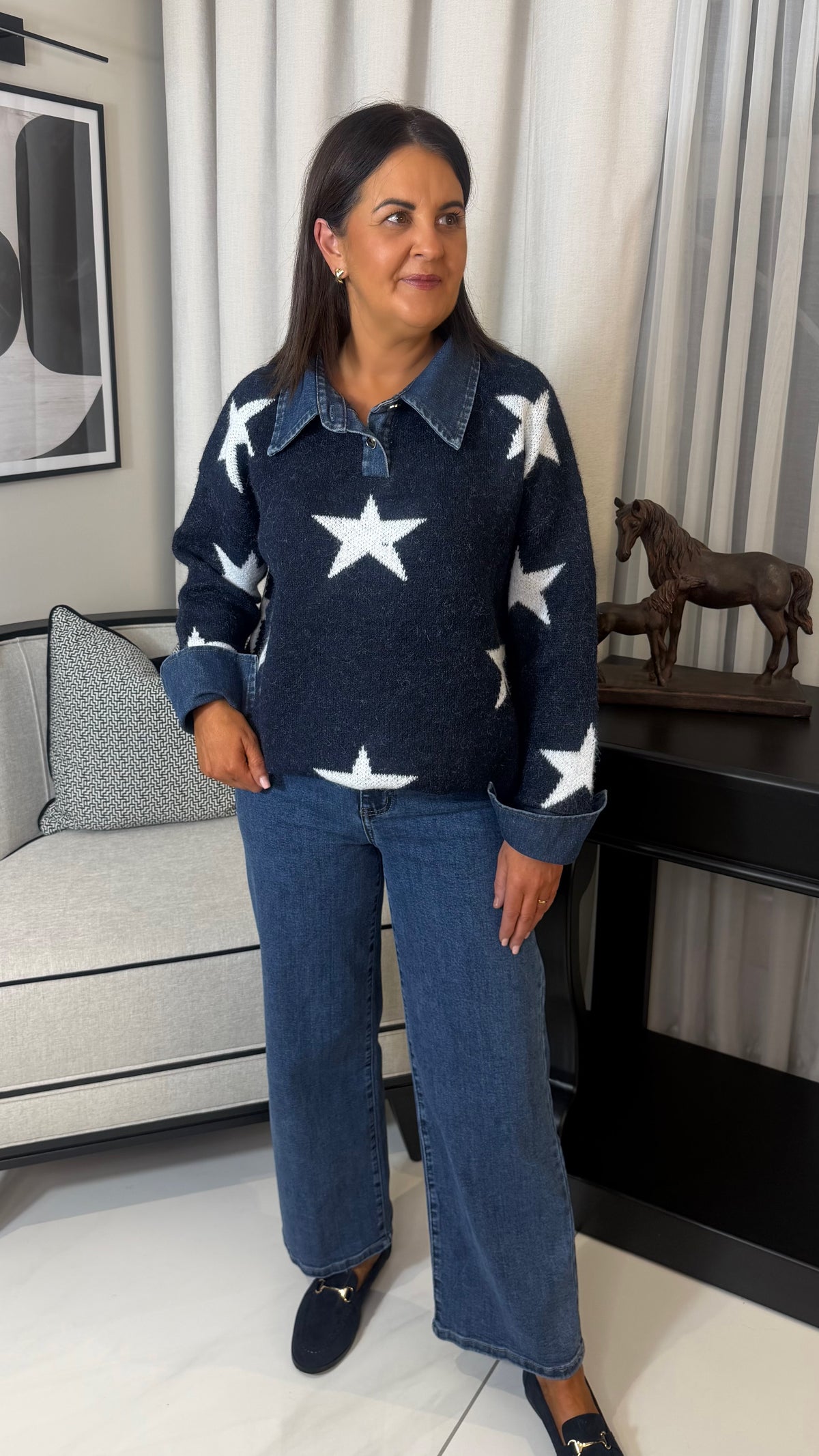 Star Navy Sweater with Denim Details