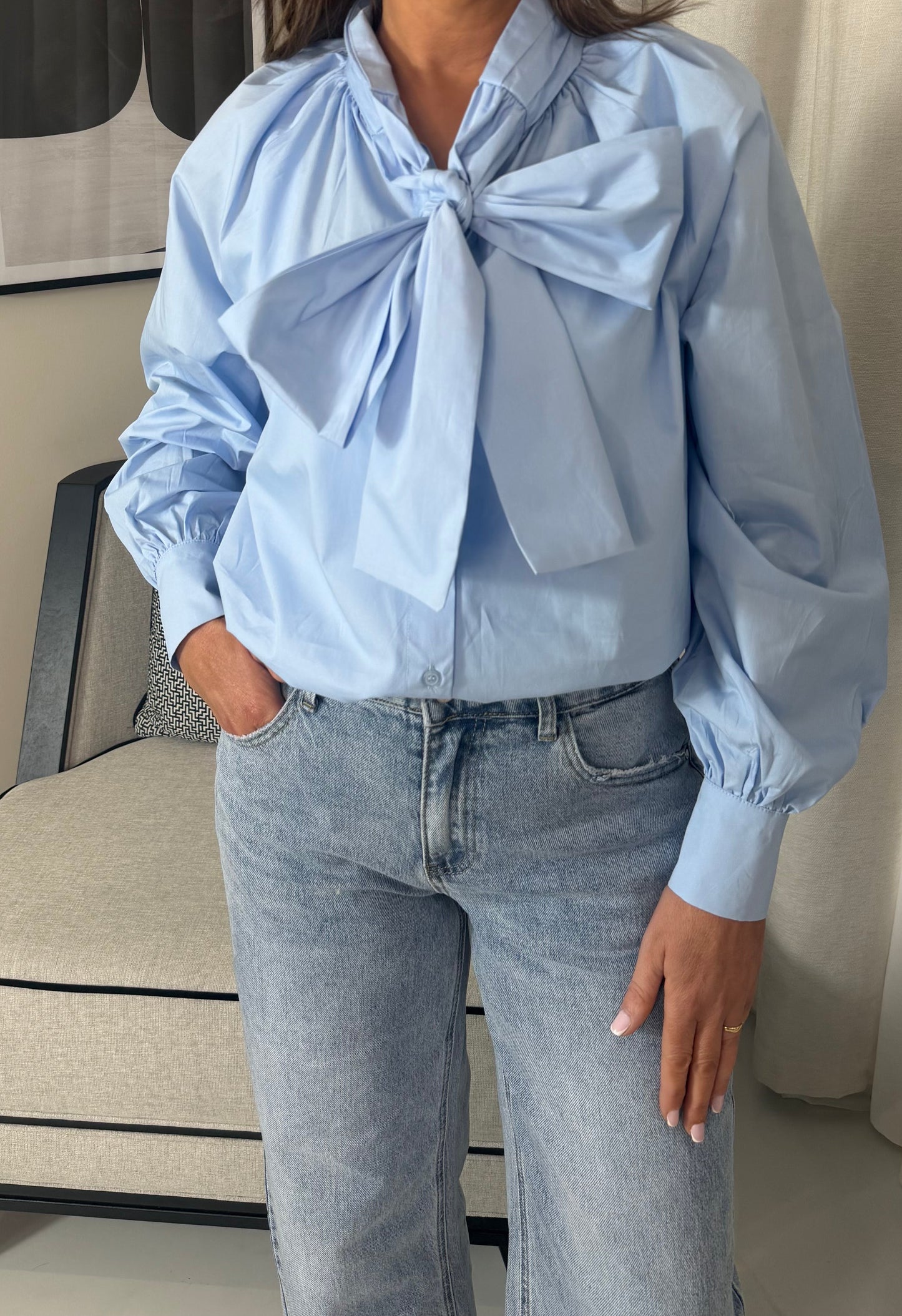 Blue Shirt with Bow Tie Detail