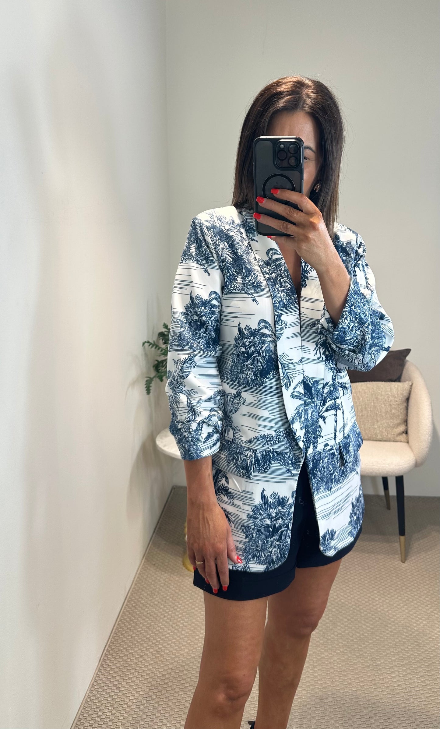 Navy & White Print Blazer