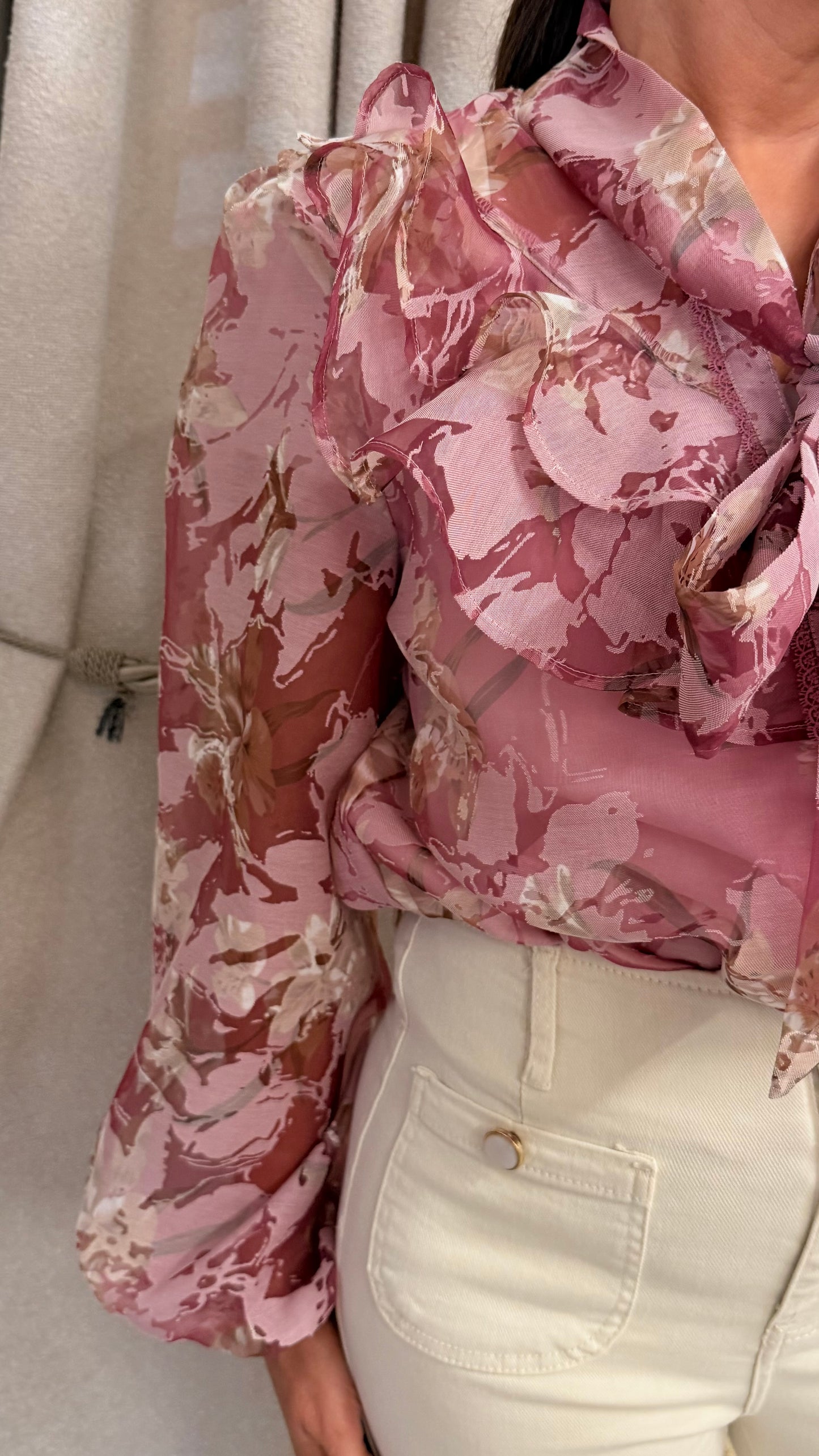 Pink Floral Tie Bow Blouse