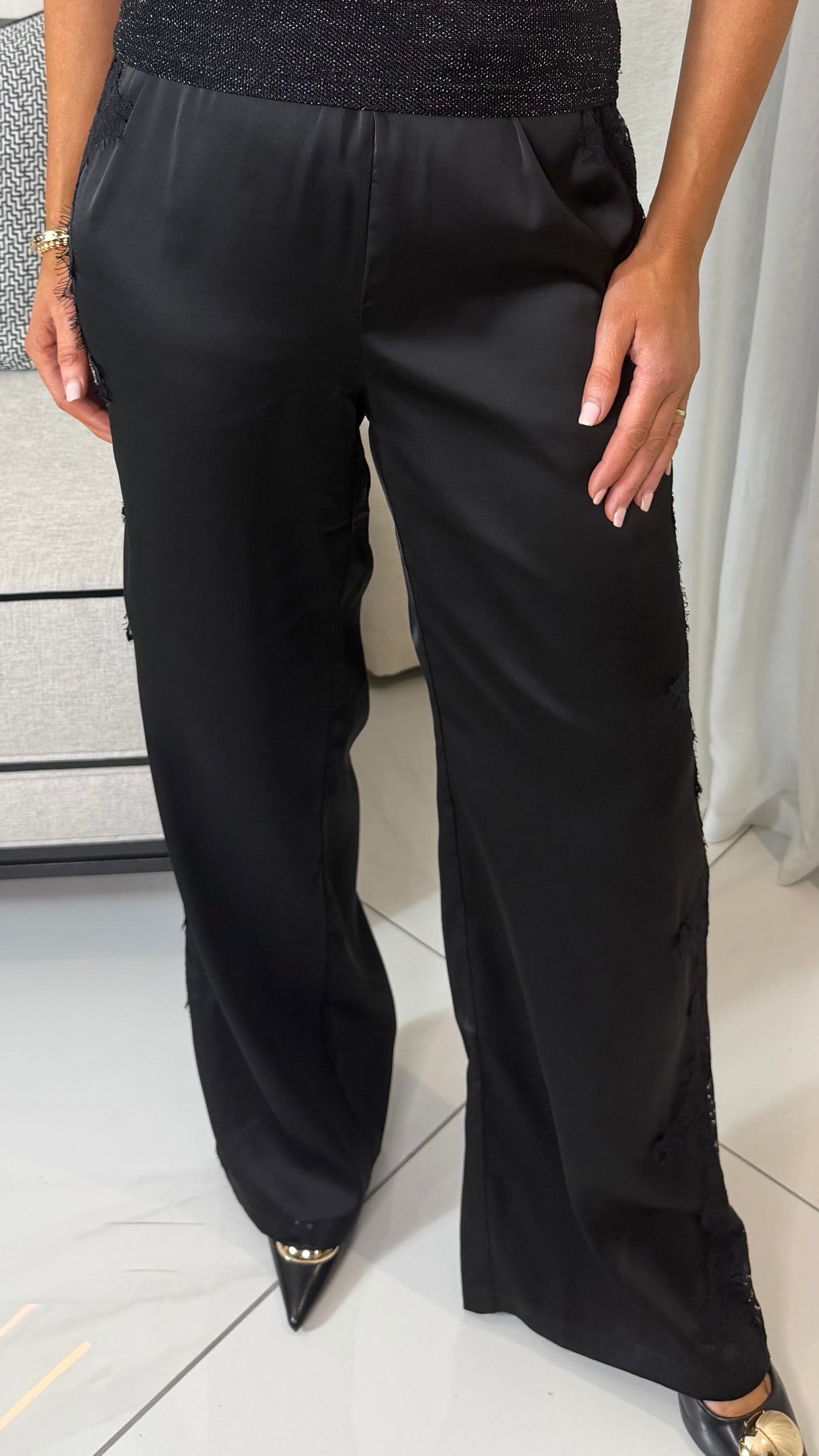 Black Satin Trousers with Lace Panel
