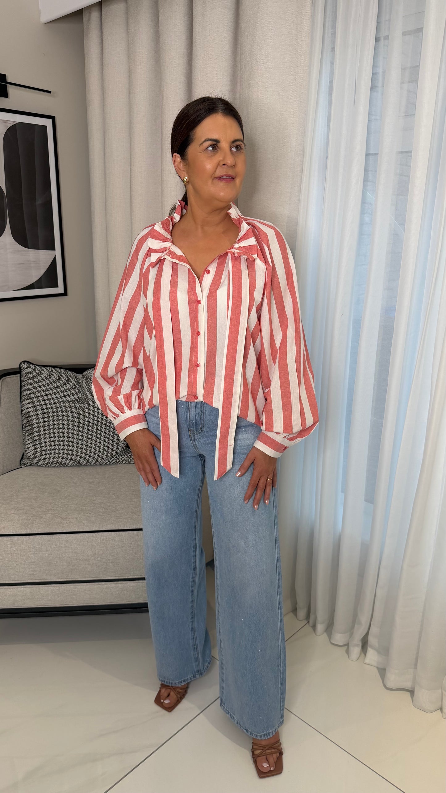 Coral Striped Tie-Bow Blouse