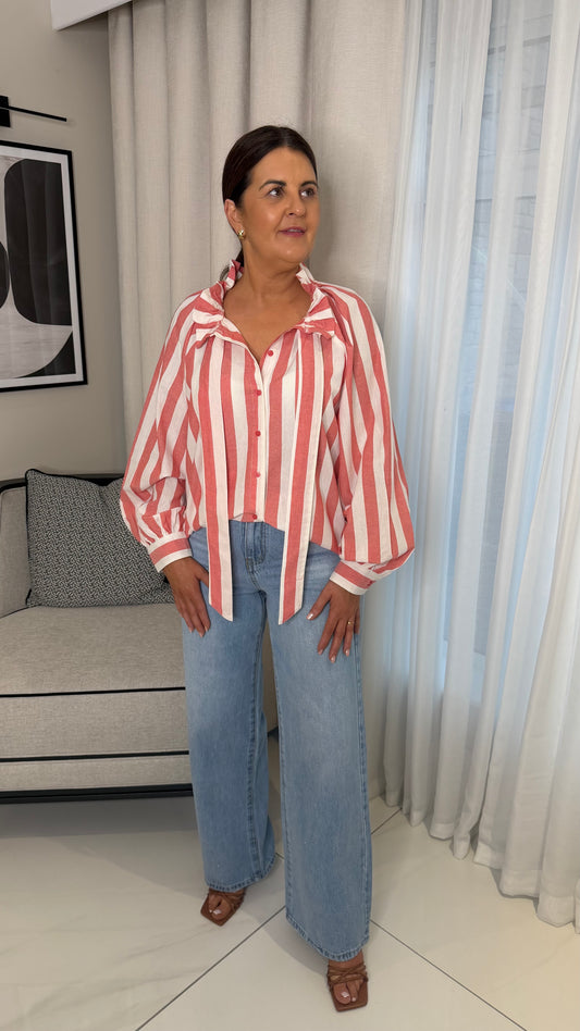 Coral Striped Tie-Bow Blouse