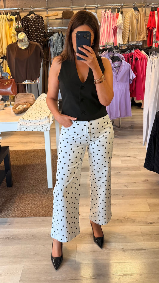 Polly Polka Dot Wide-Leg Cropped Jeans—Black/White