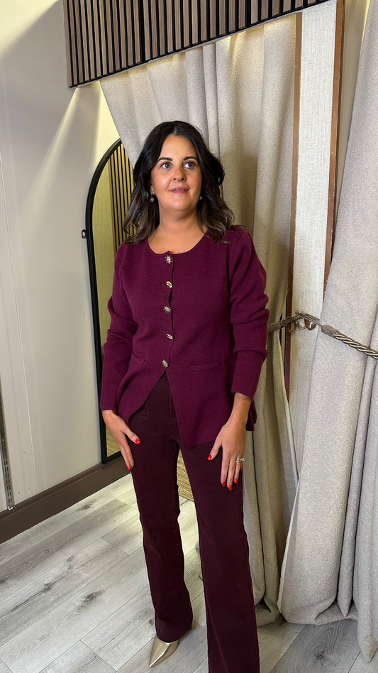 Wine Cardigan with Gold Buttons
