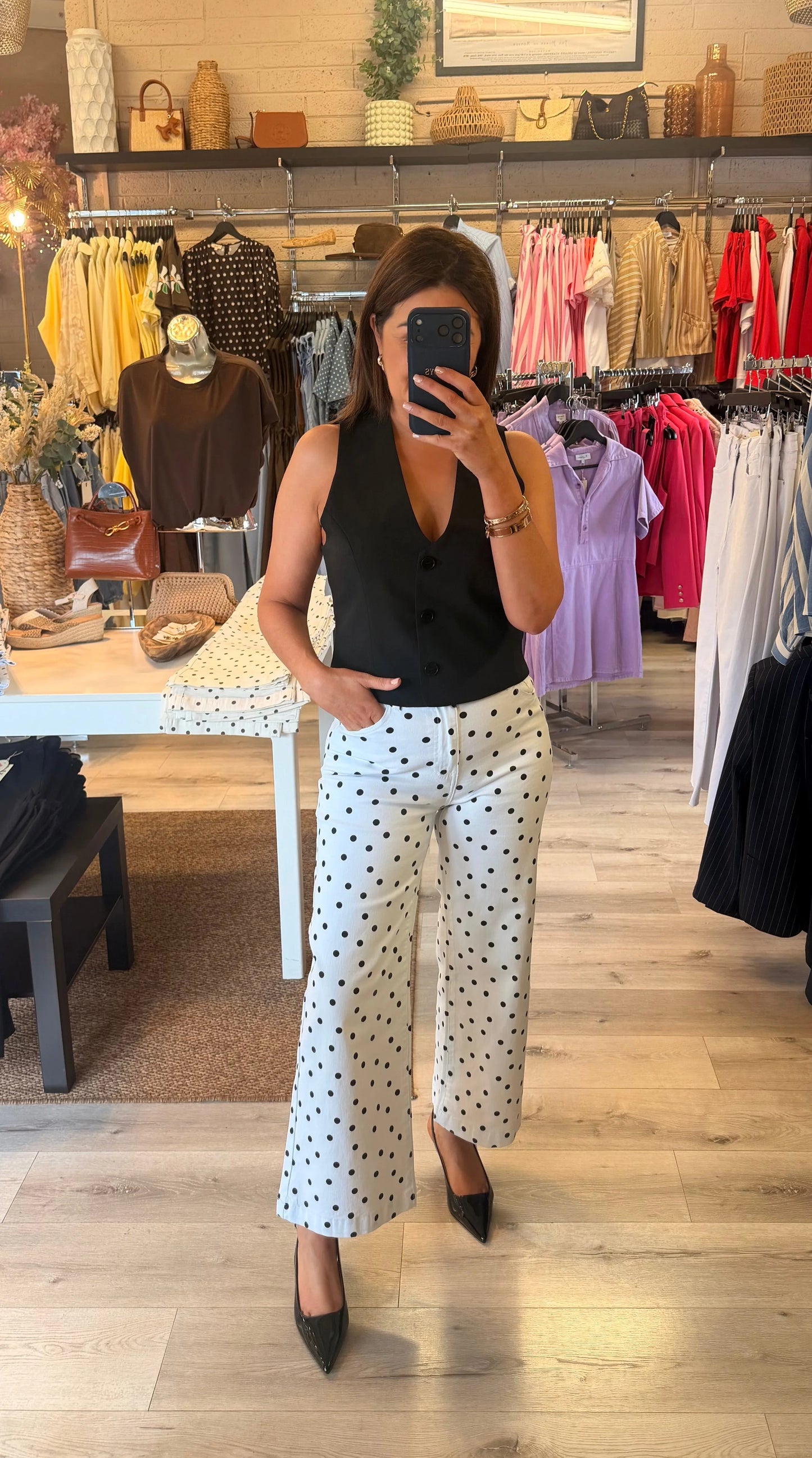 Polly Polka Dot Wide-Leg Cropped Jeans—Black/White