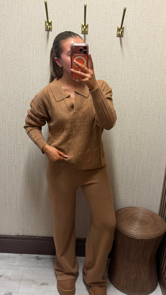 Camel-Polo Cable Knit Lounge Set