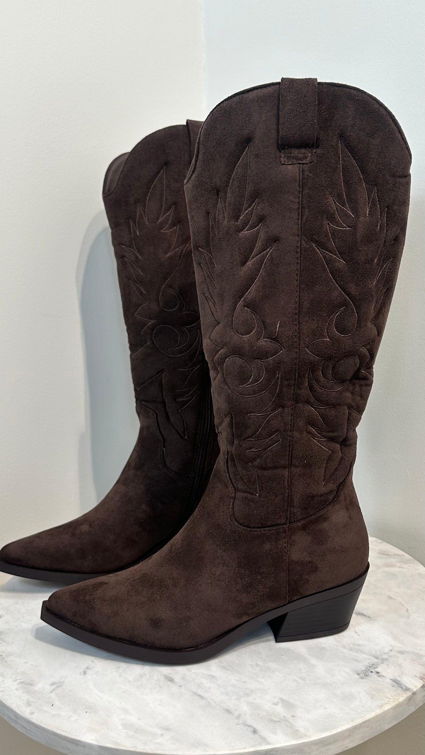 Brown Faux Suede Cowboy Boots