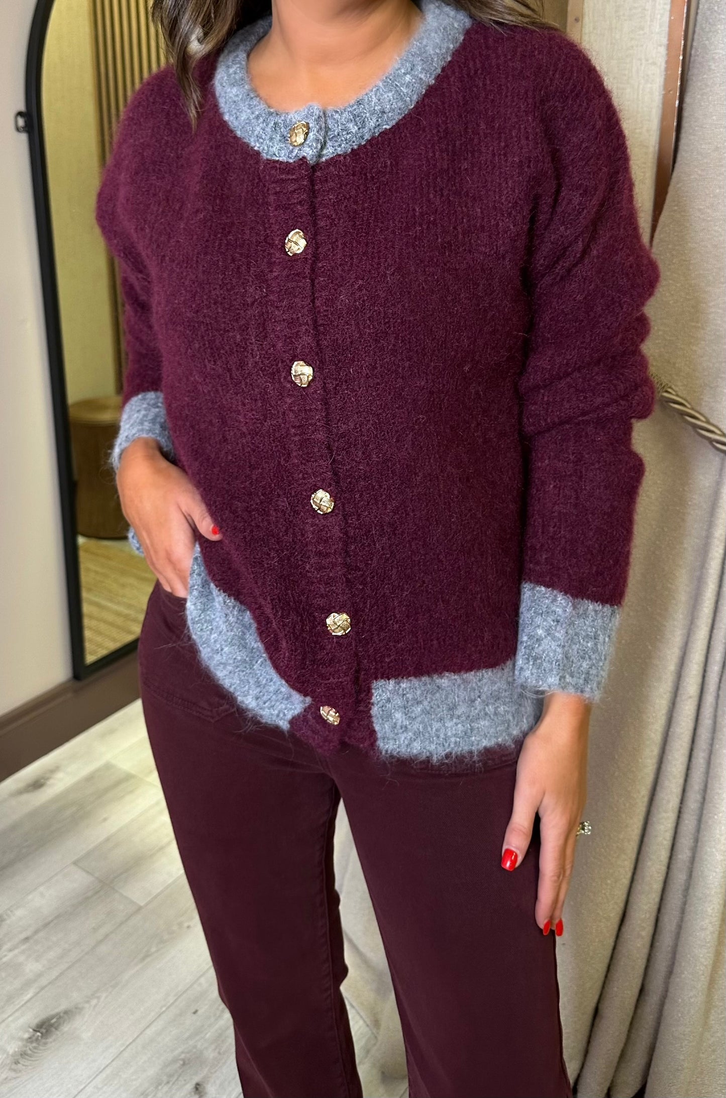Wine & Grey Crew Neck Cardigan