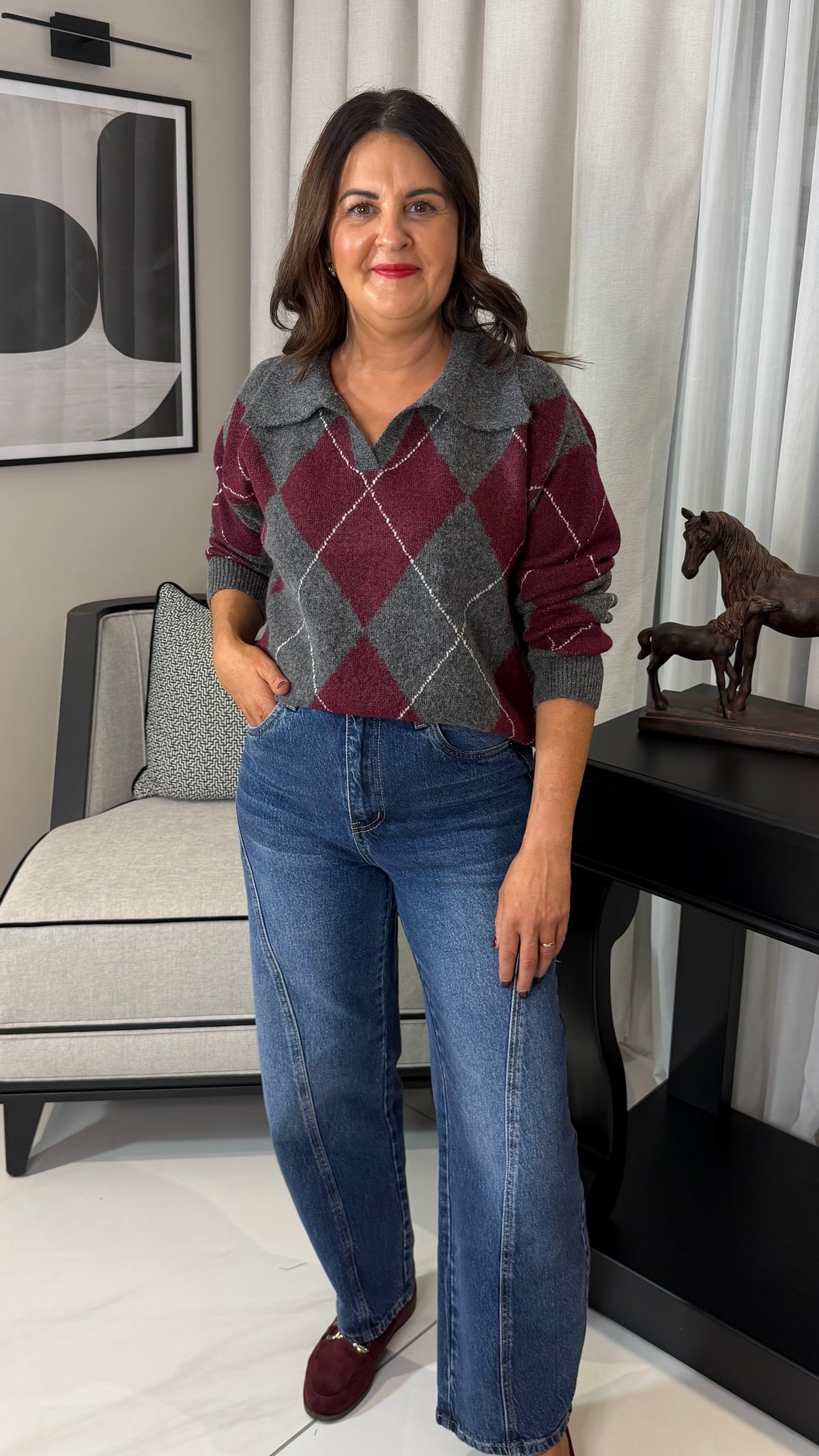Grey & Wine Argyle Polo Knit