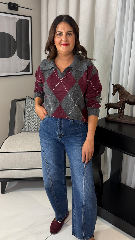 Grey & Wine Argyle Polo Knit