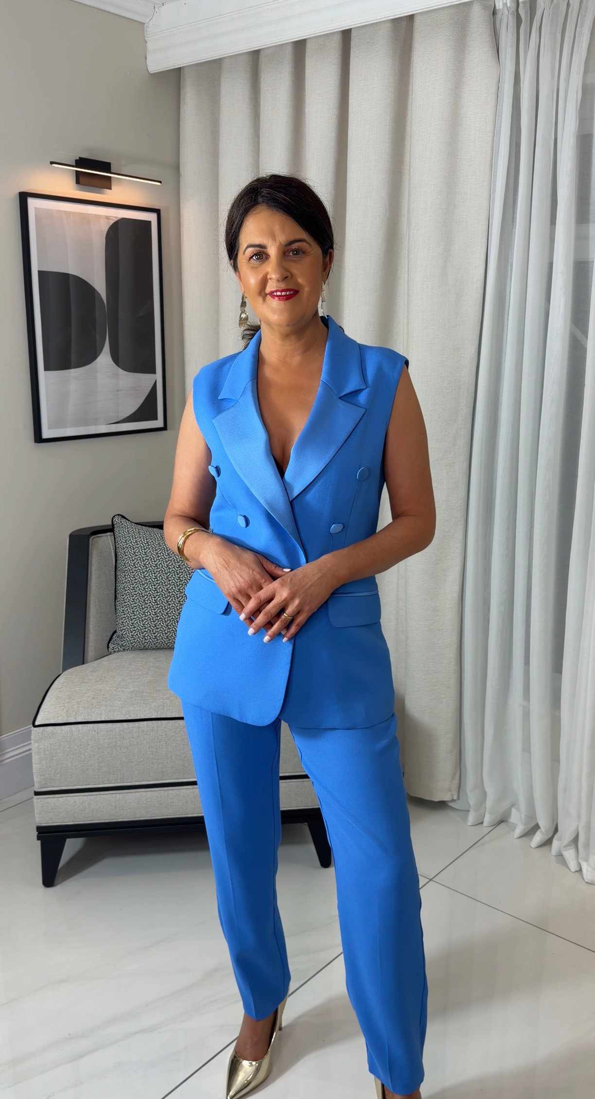 Satin Detail Blue Sleeveless Suit