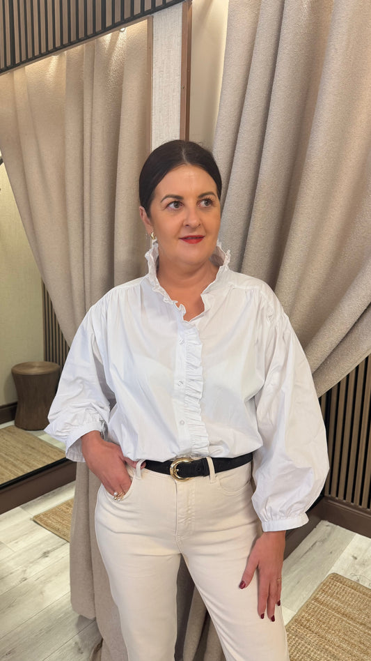 Ruffle Front Oversized Blouse – White