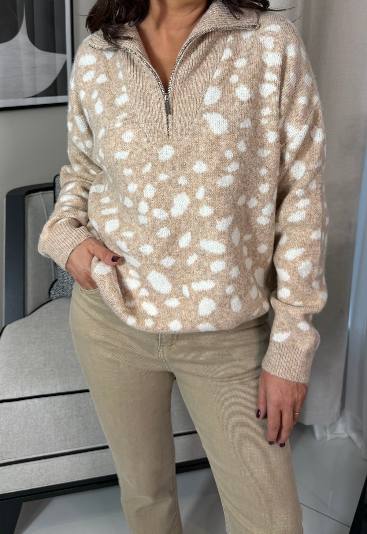 Deer Print Knit Halfzip