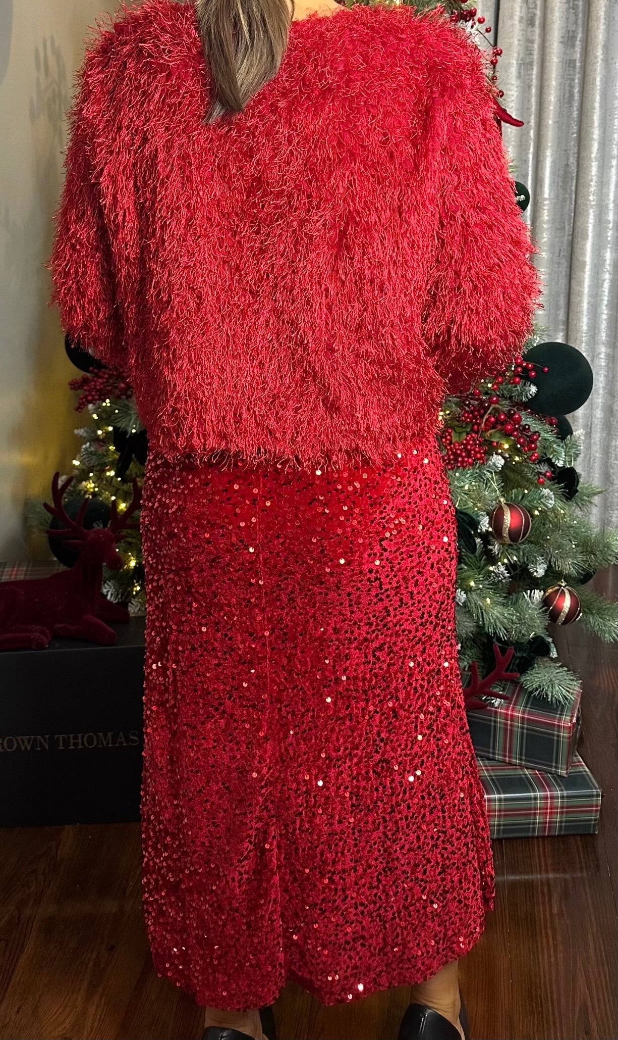 Red Sequin Midi Skirt