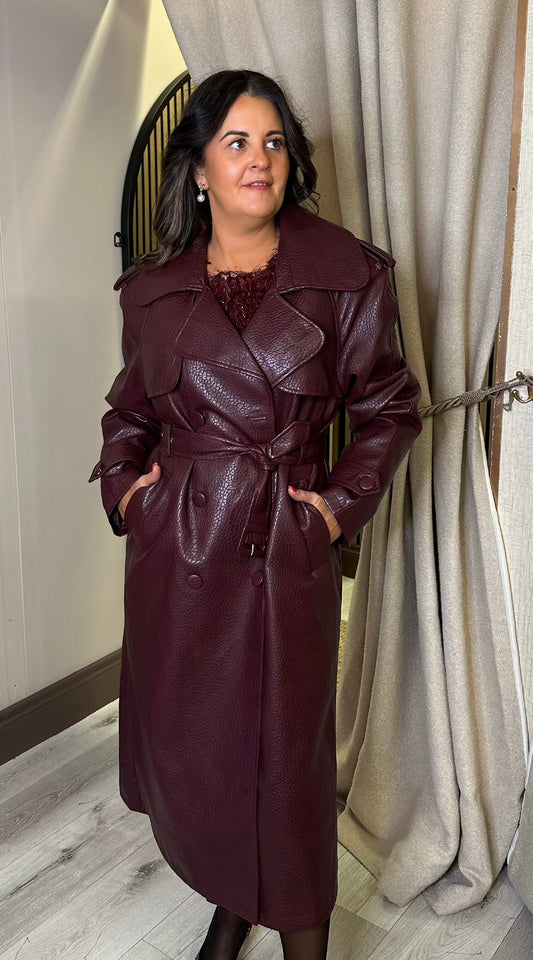 Burgundy Croc Faux Leather Trench