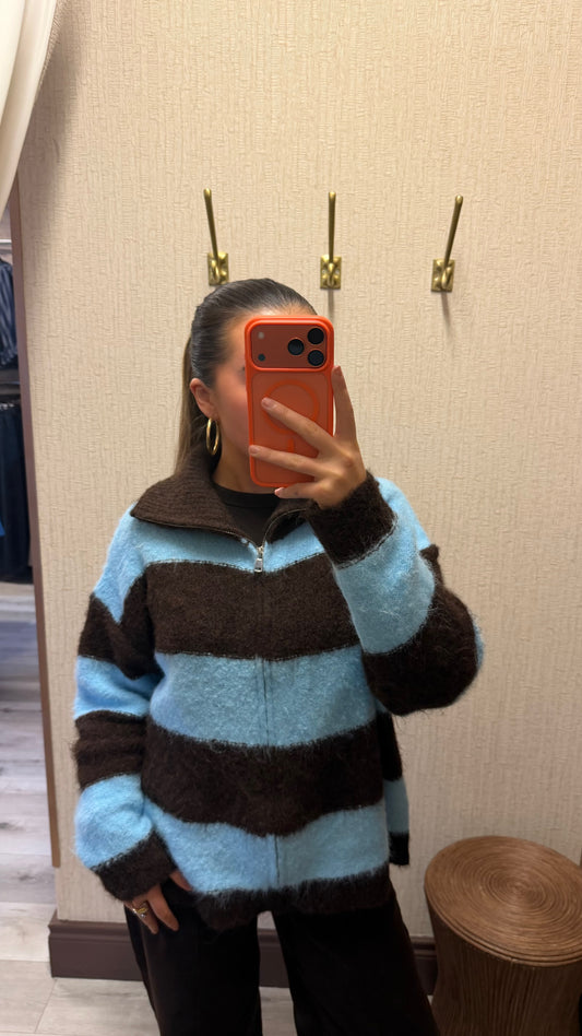Blue & Brown Zip Cardigan