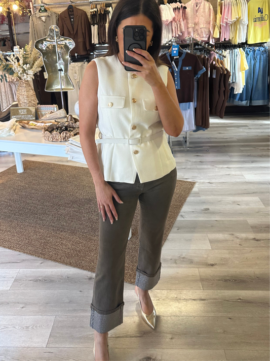 Taupe Turn-Up Jeans with Diamante