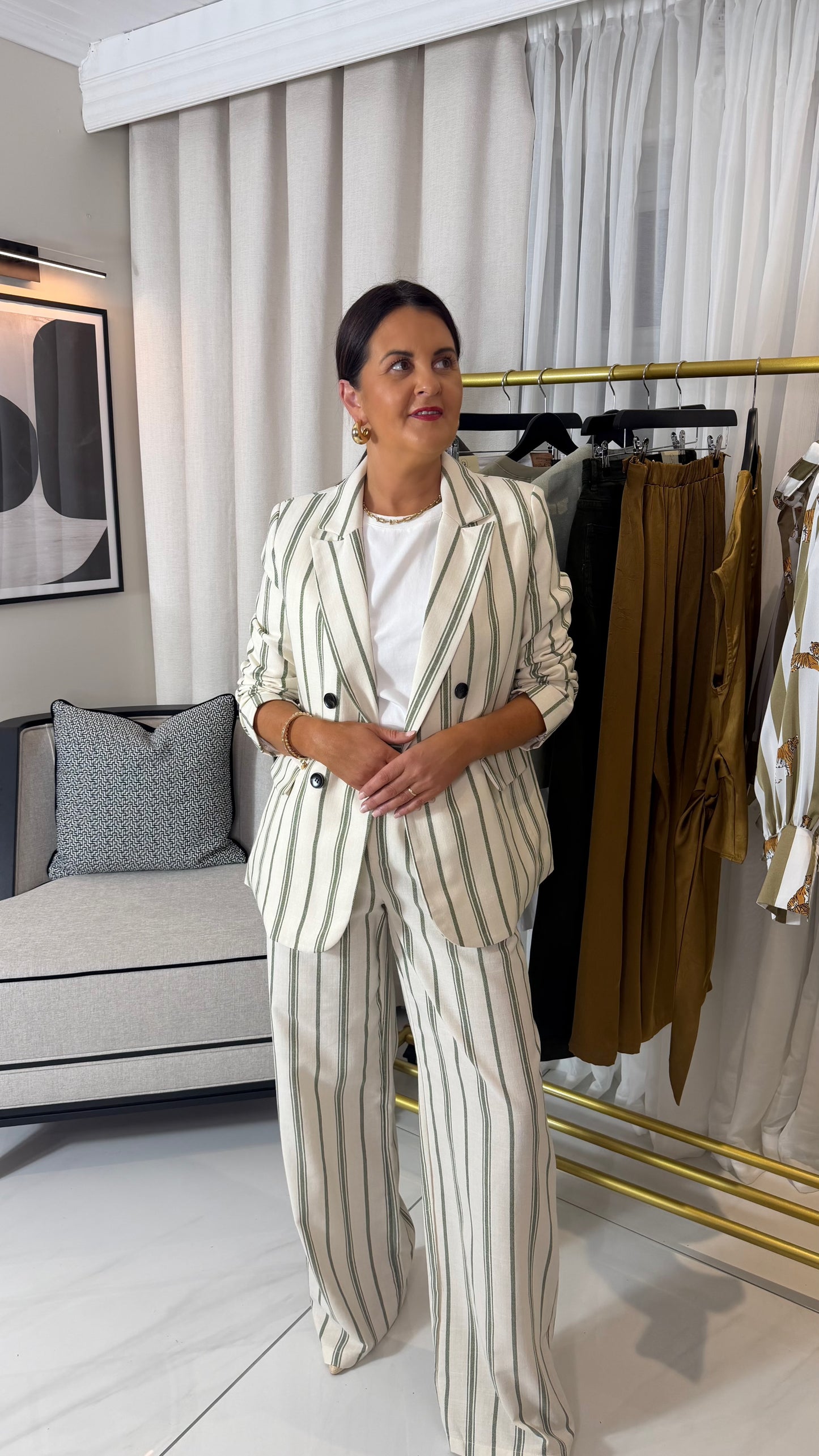 Green Striped Linen-Blend Blazer