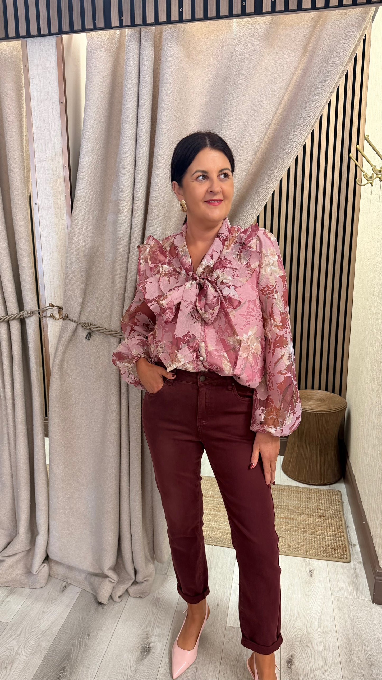 Pink Floral Tie Bow Blouse