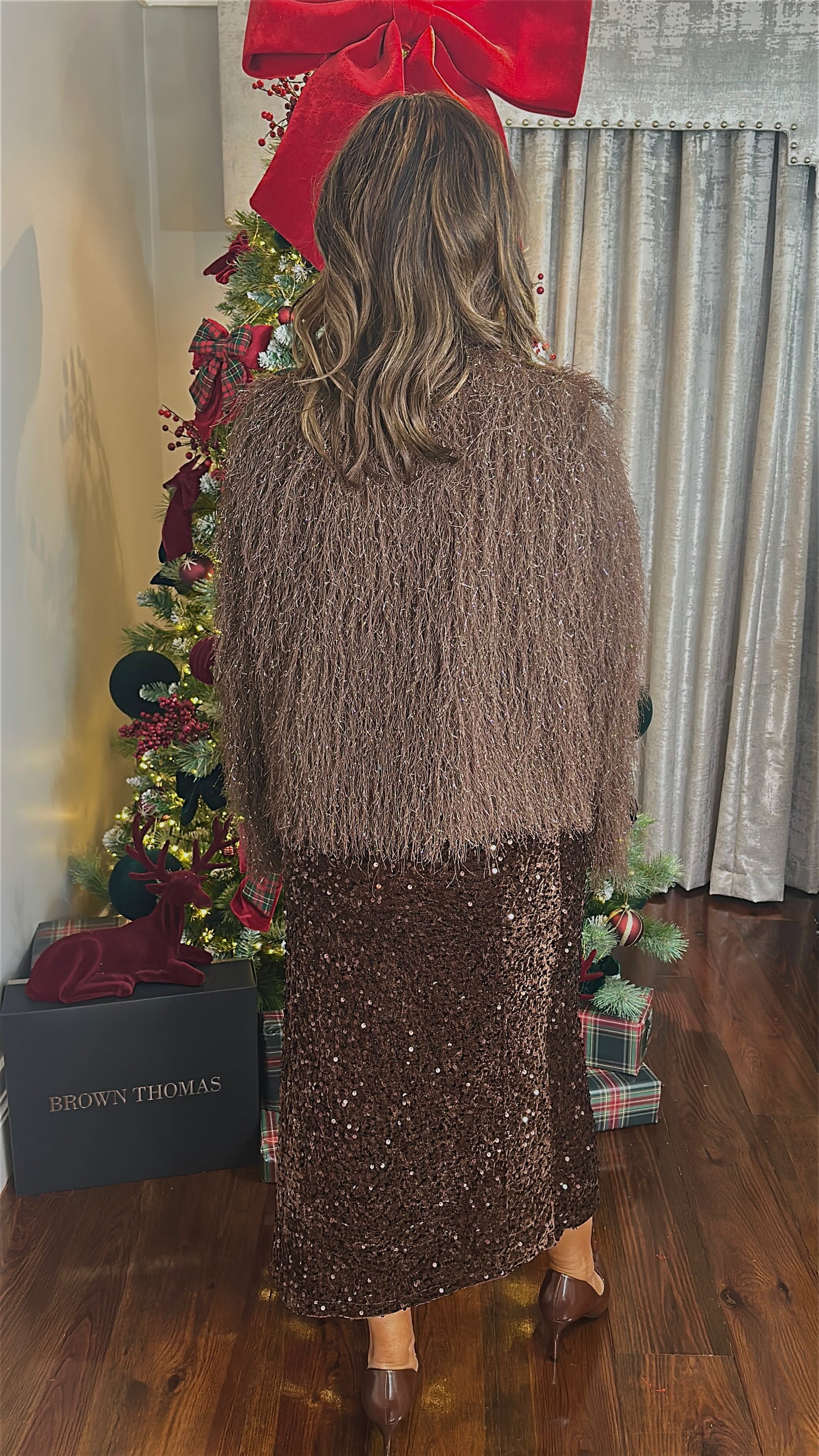 Brown Feather Fringe Metallic Thread Jacket