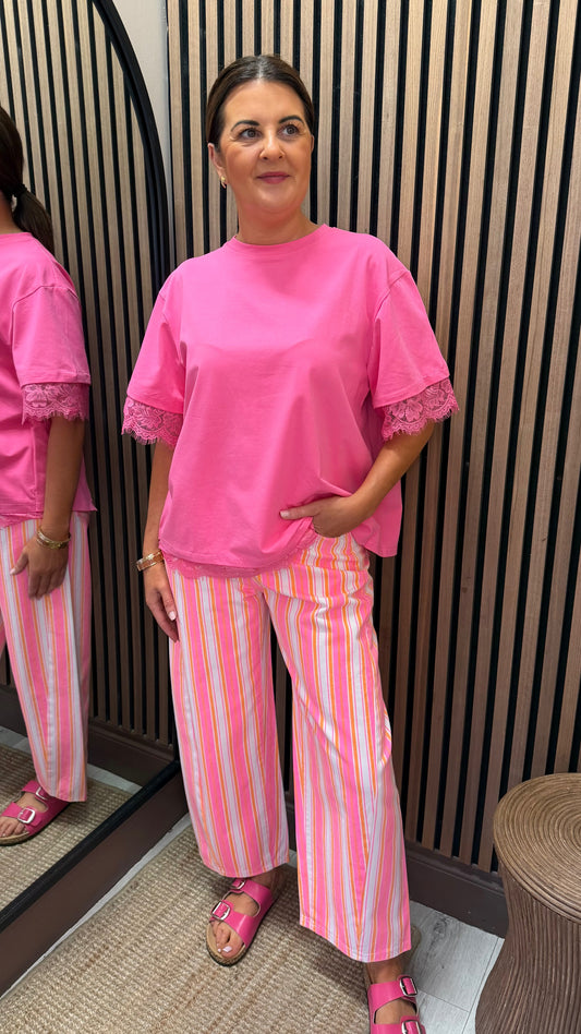 Pink T-Shirt with Lace Trim