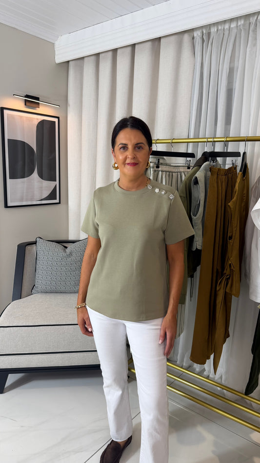 Green Diamantè Button T-Shirt