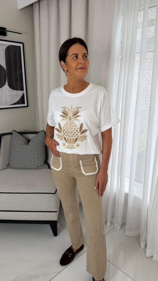 Beige Crochet Detail T-Shirt