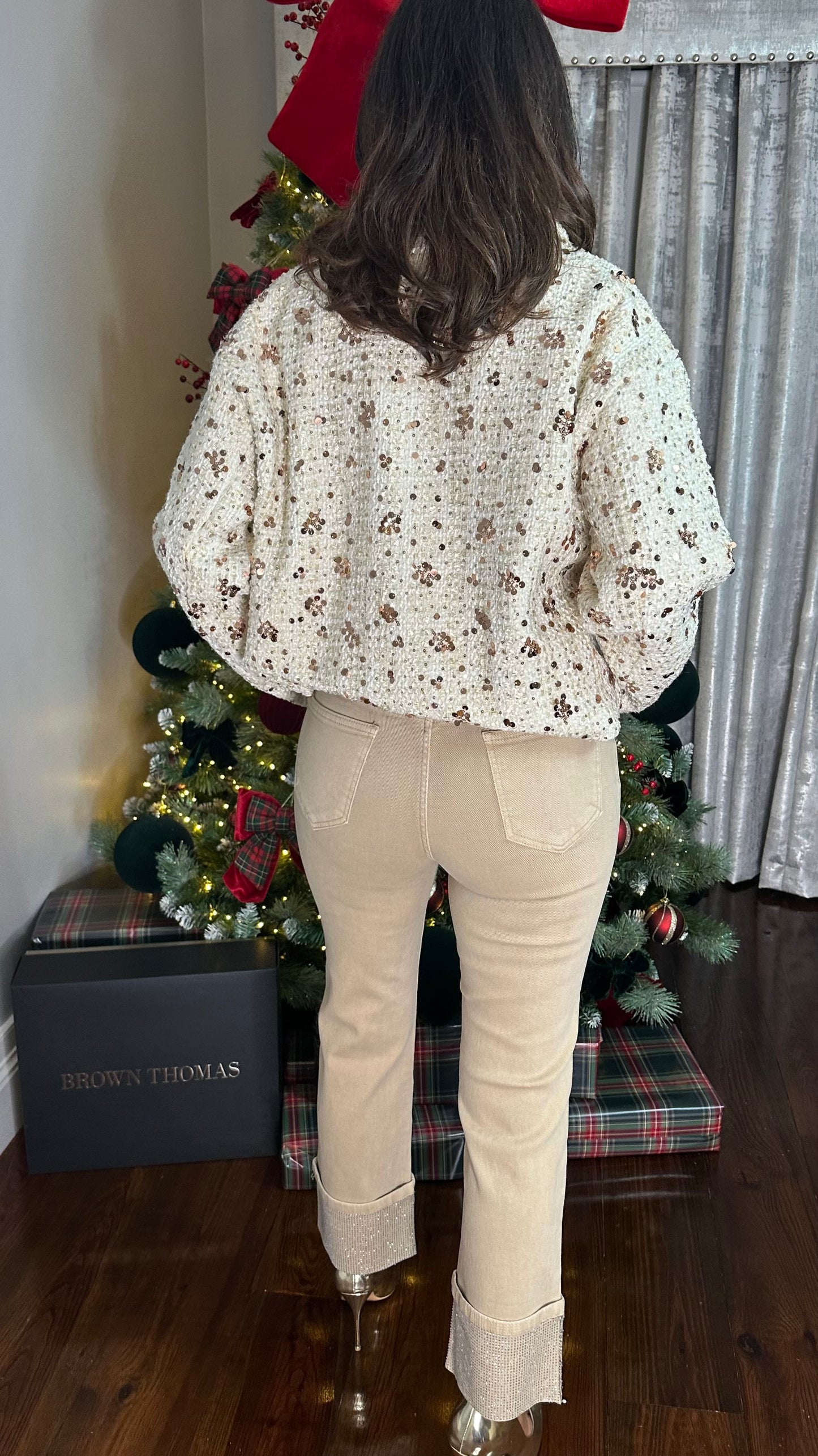 Beige Turn-Up Diamanté Jeans