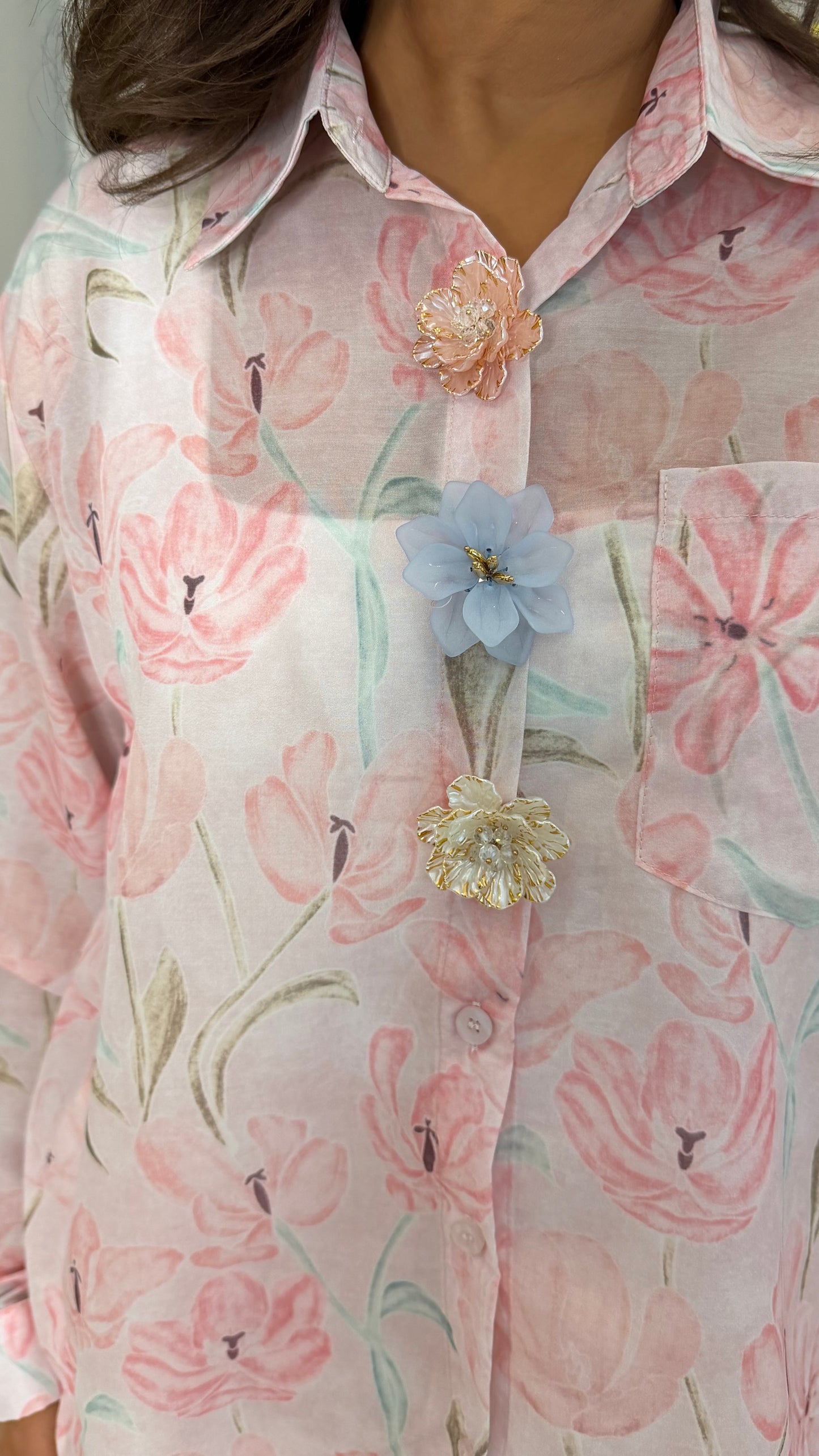 Pink Floral Sheer Blouse with 3D Flower Buttons
