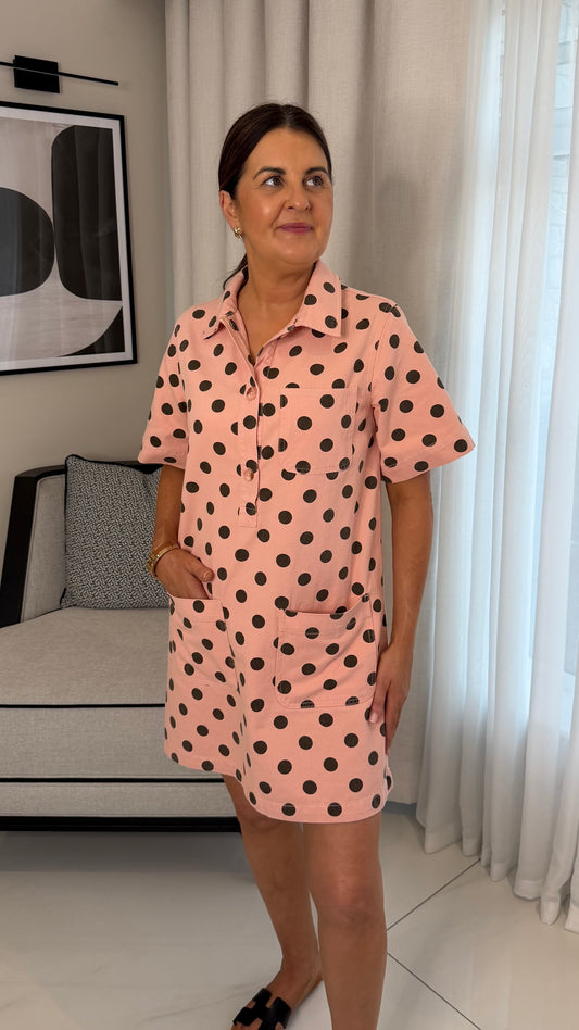 Peach & Brown Polka Dot Mini Dress