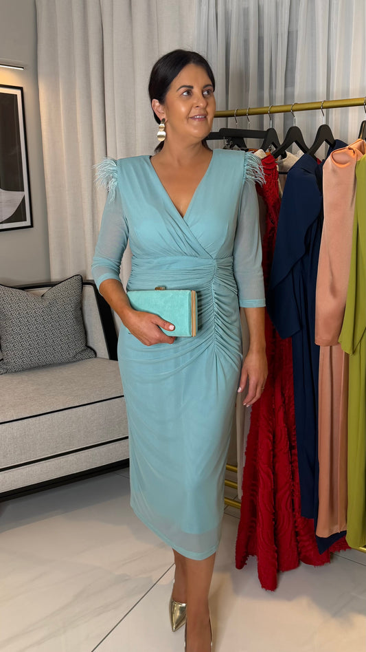Taylor Turquoise Ruched Feather Dress