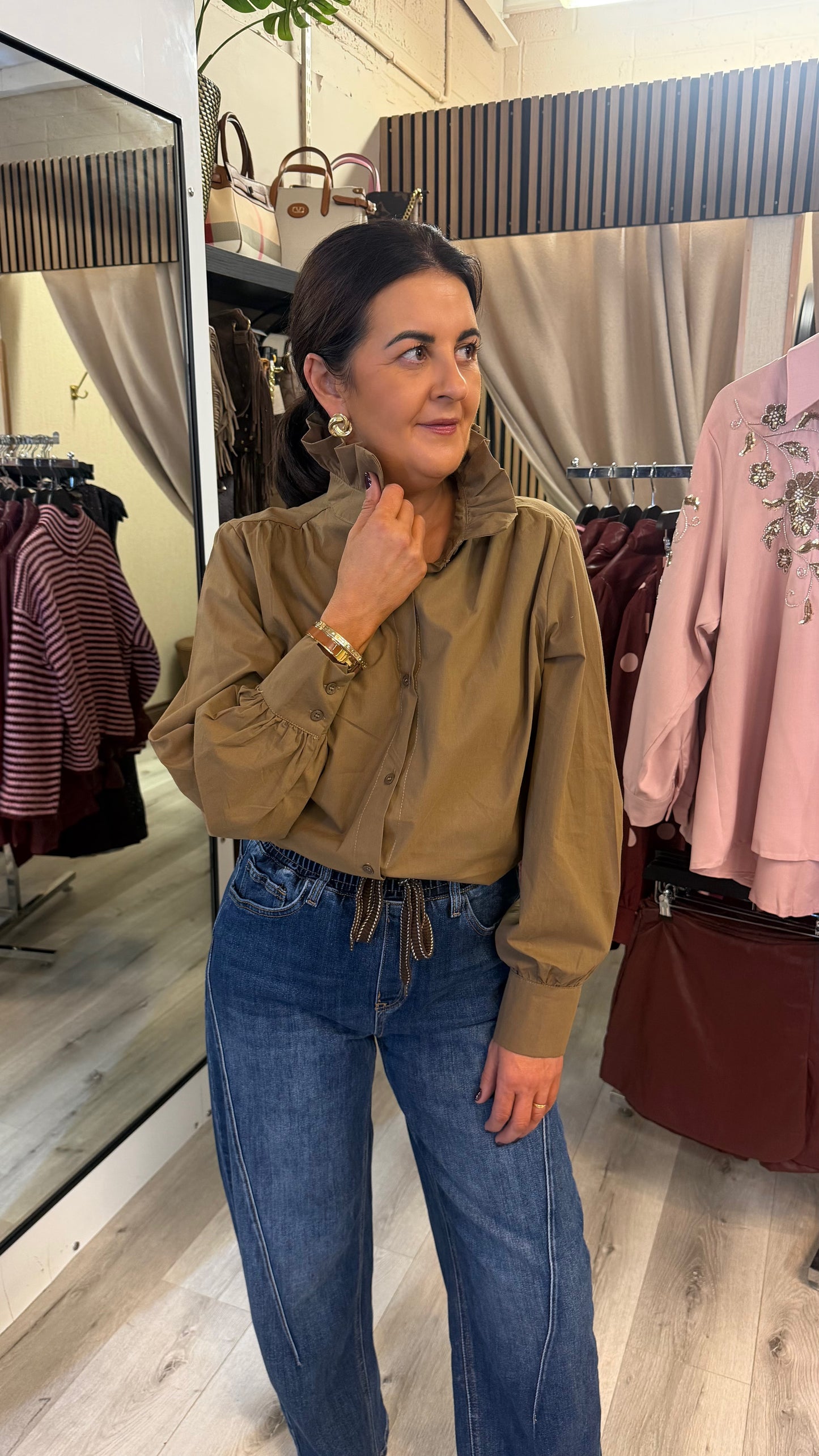 Camel Frill Neck Blouse