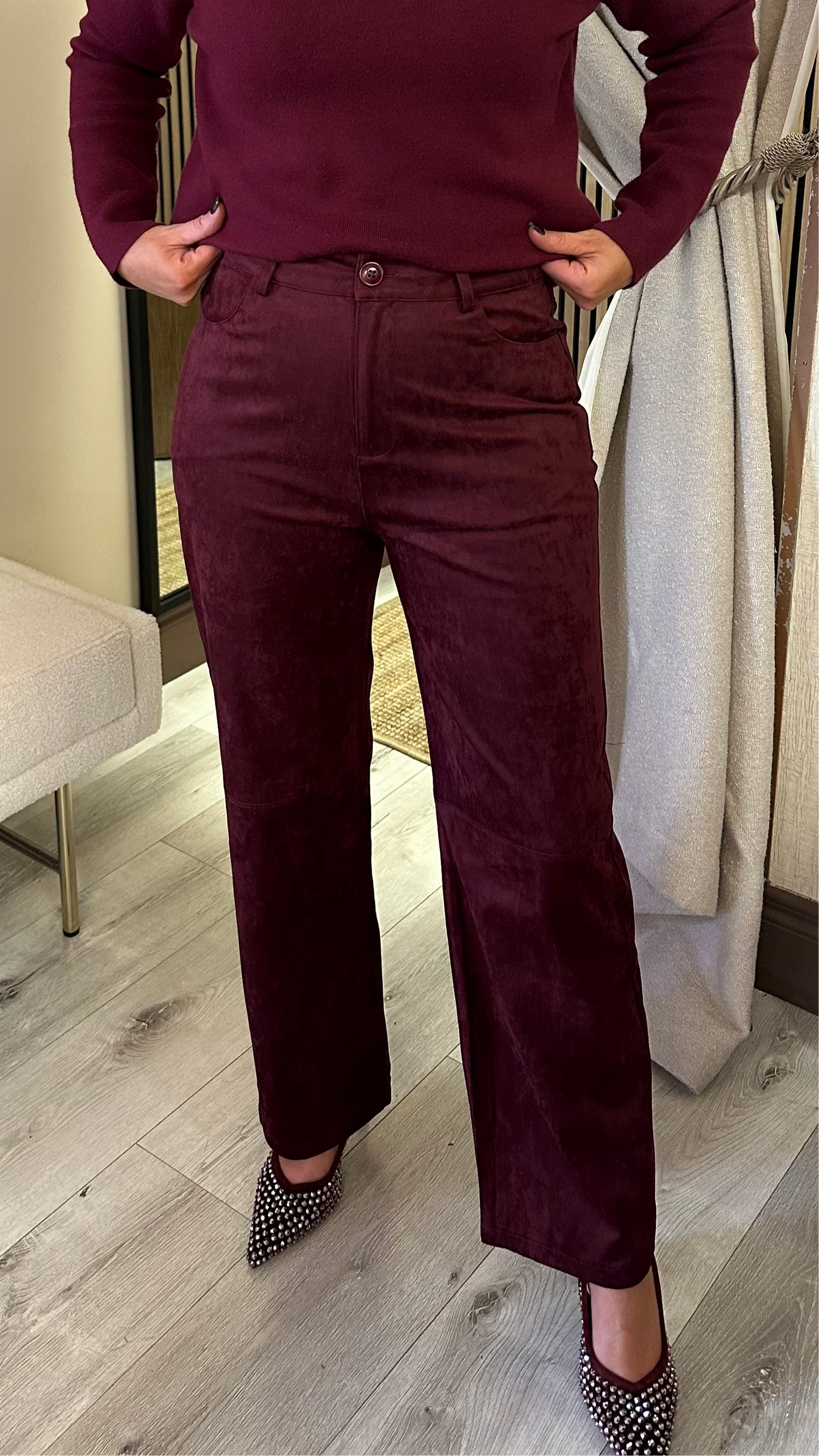 Wine Suedette Straight Leg Trousers