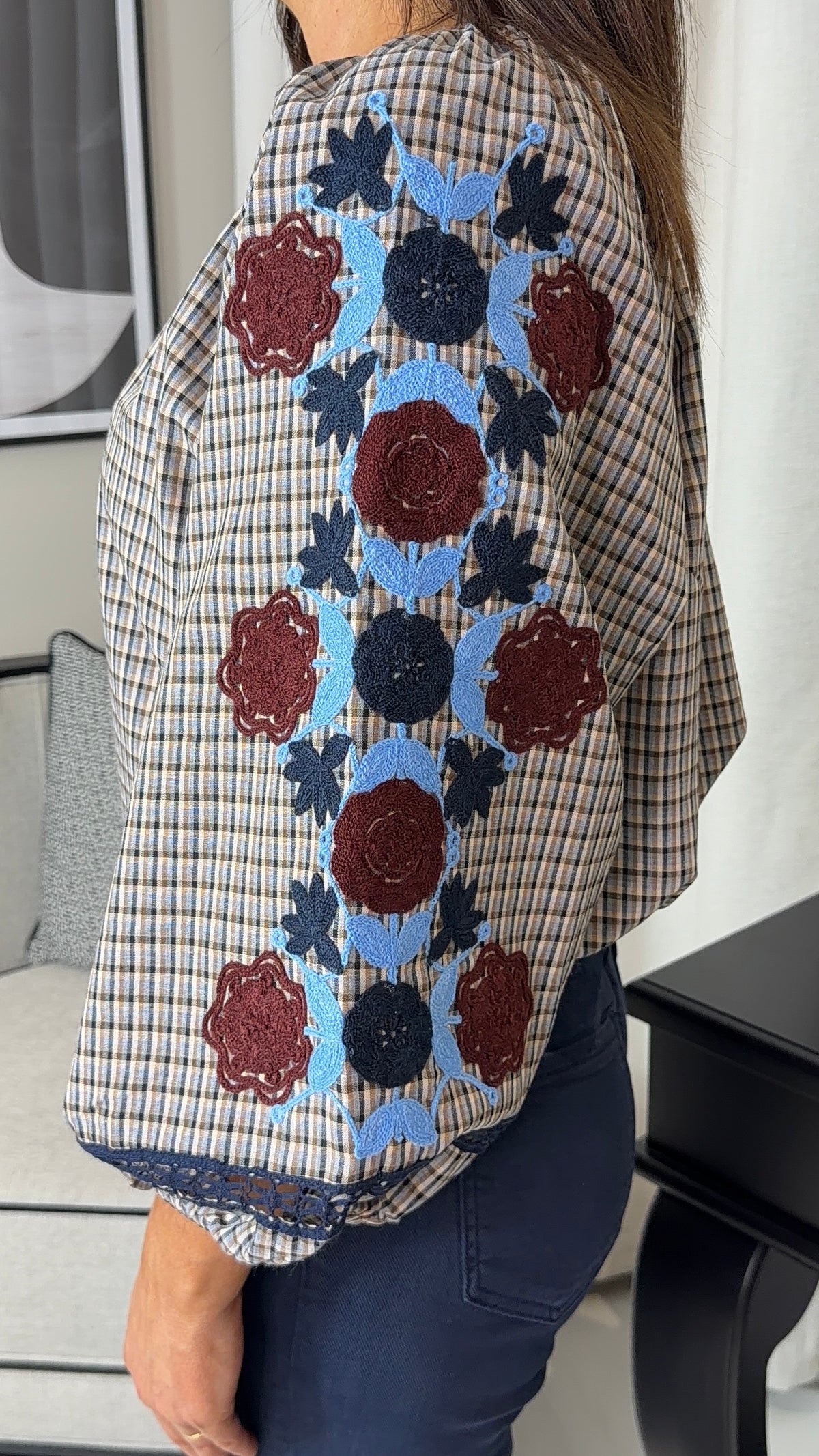 Check Blouse with Embroidery Detail