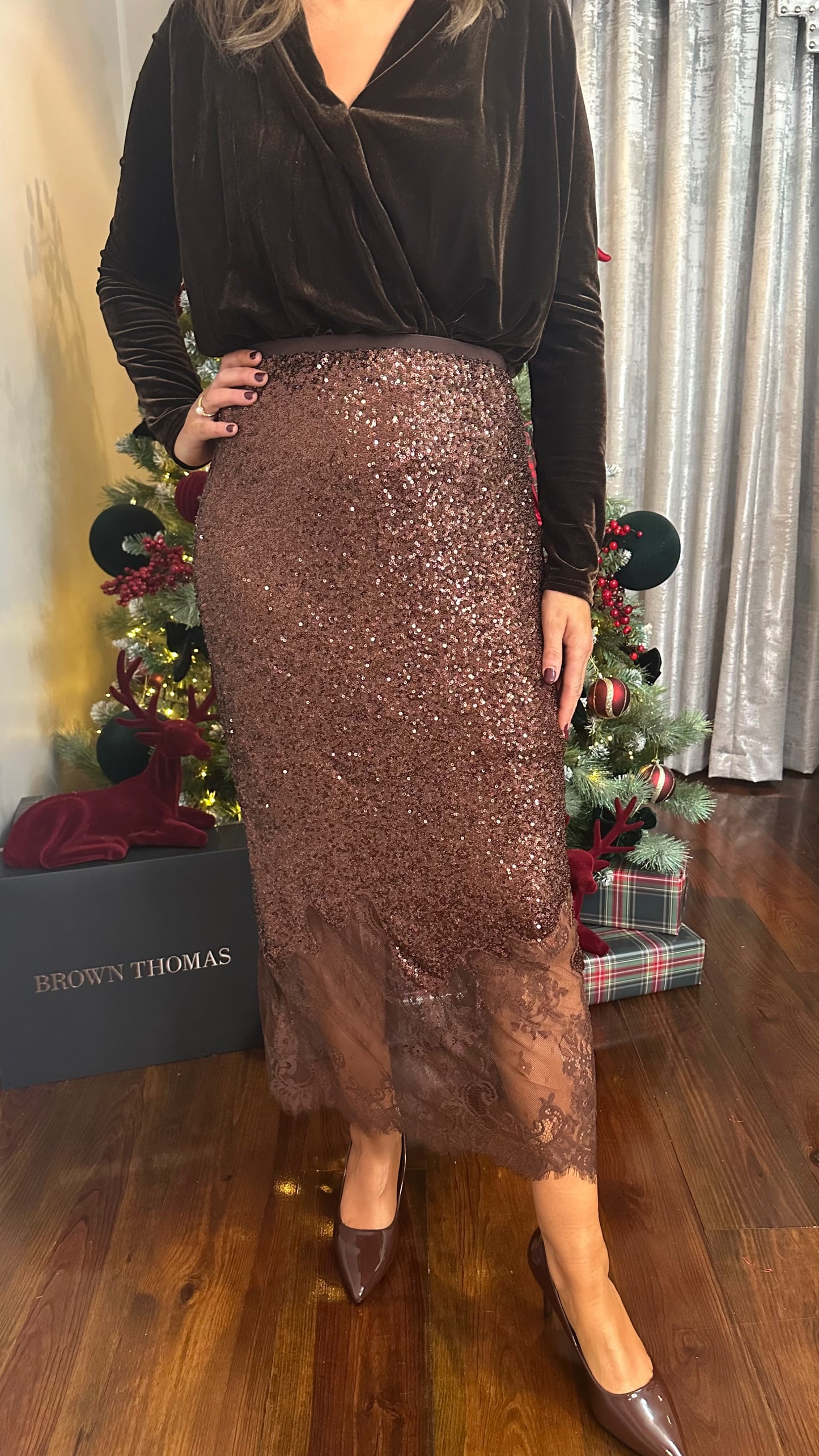 Brown Sequin Skirt with Lace Detail