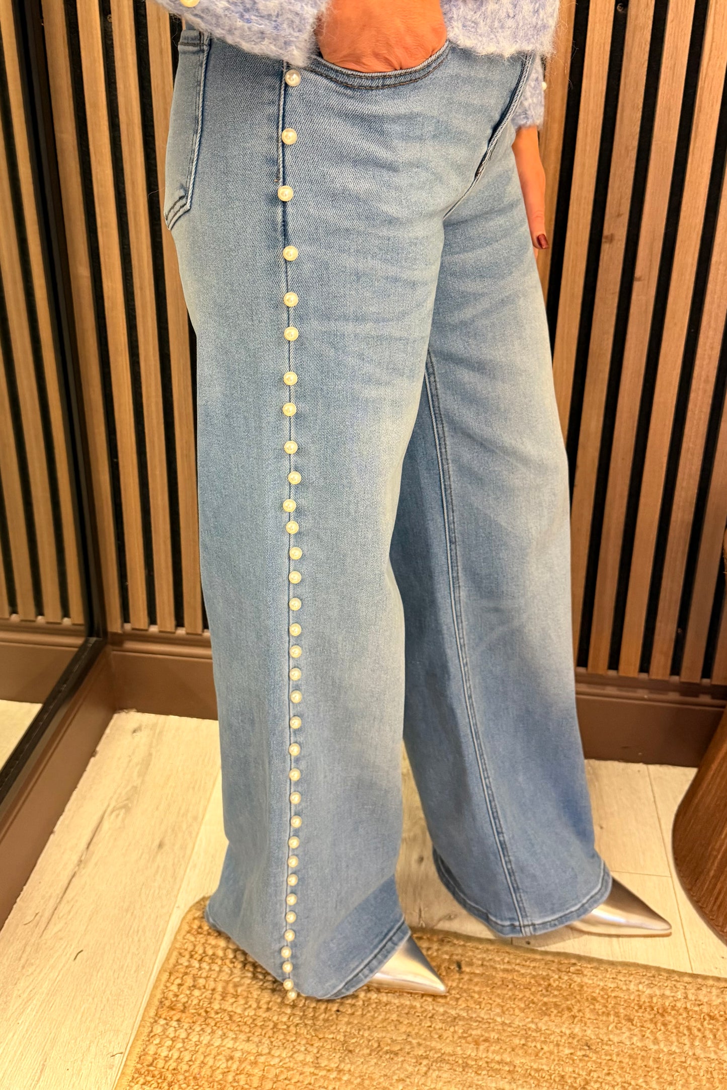 Blue Denim Wide Leg Jeans with Pearl Side Detail