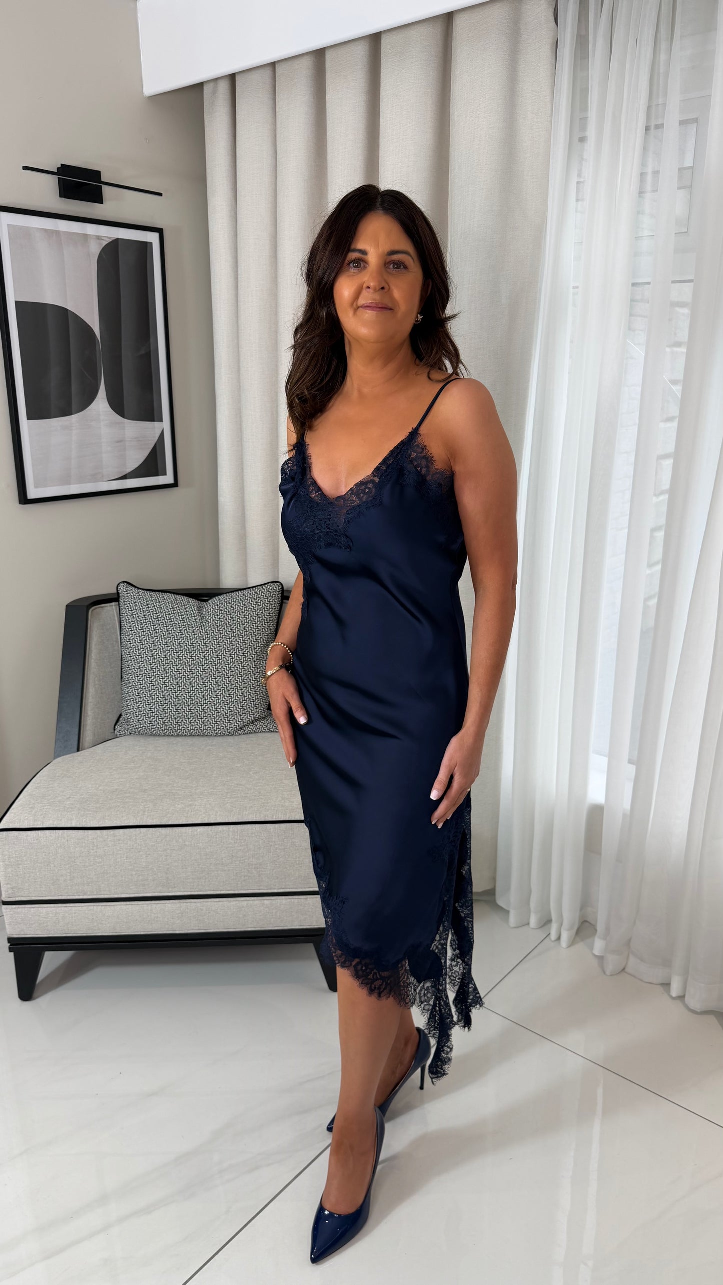 Navy Satin & Lace Dress