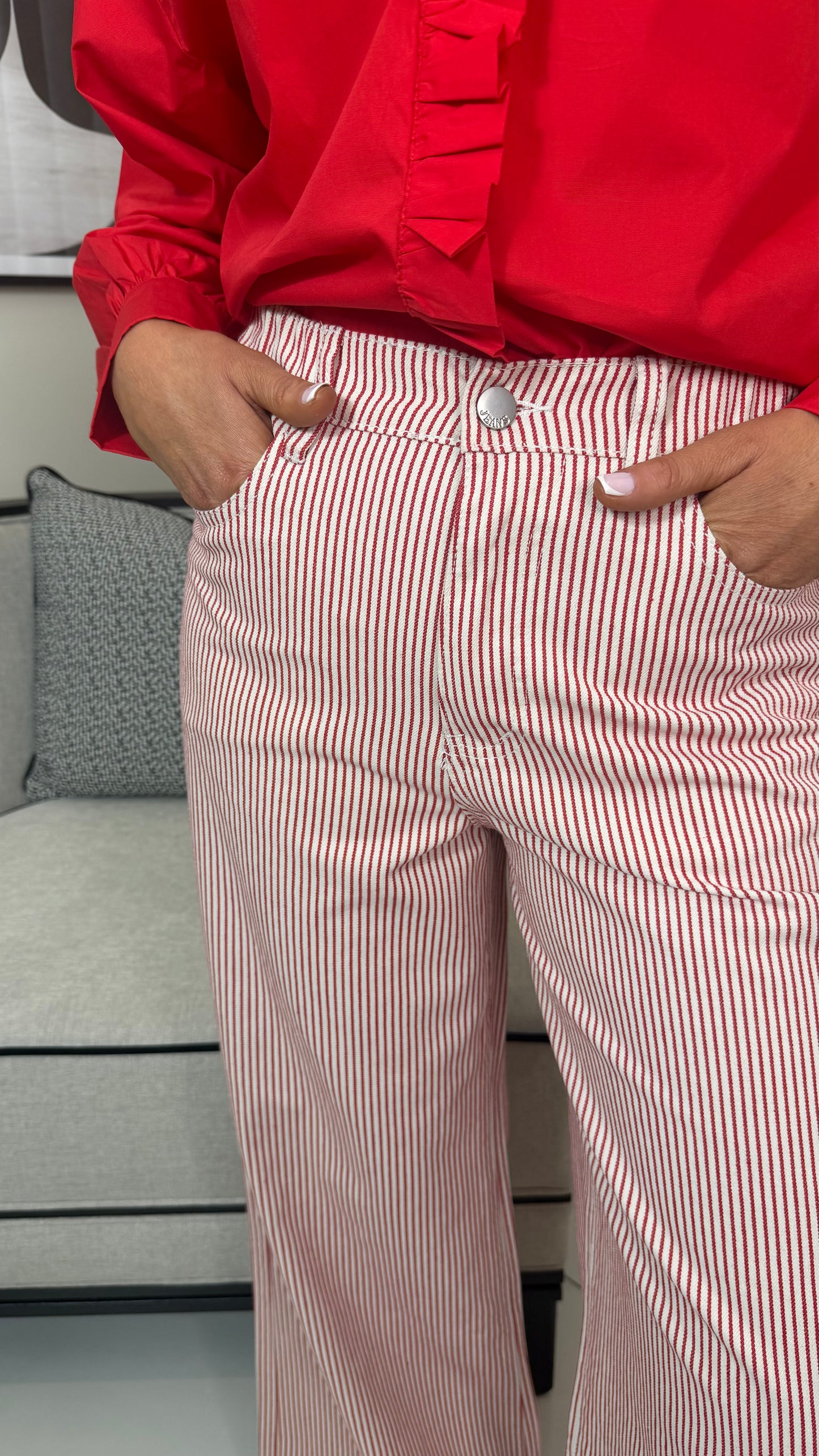 Red Pinstripe Wide-Leg Jeans