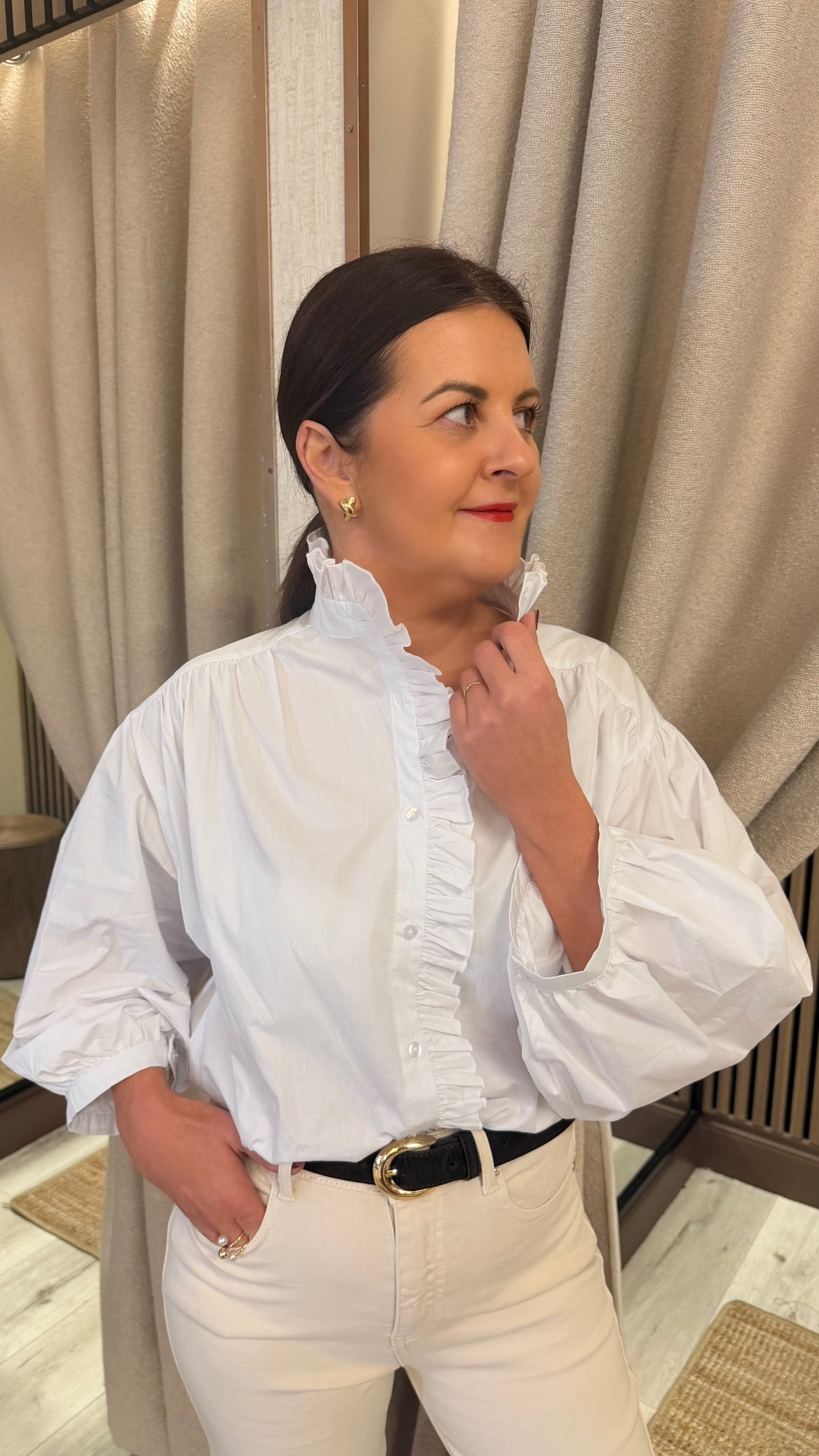 Ruffle Front Oversized Blouse – White